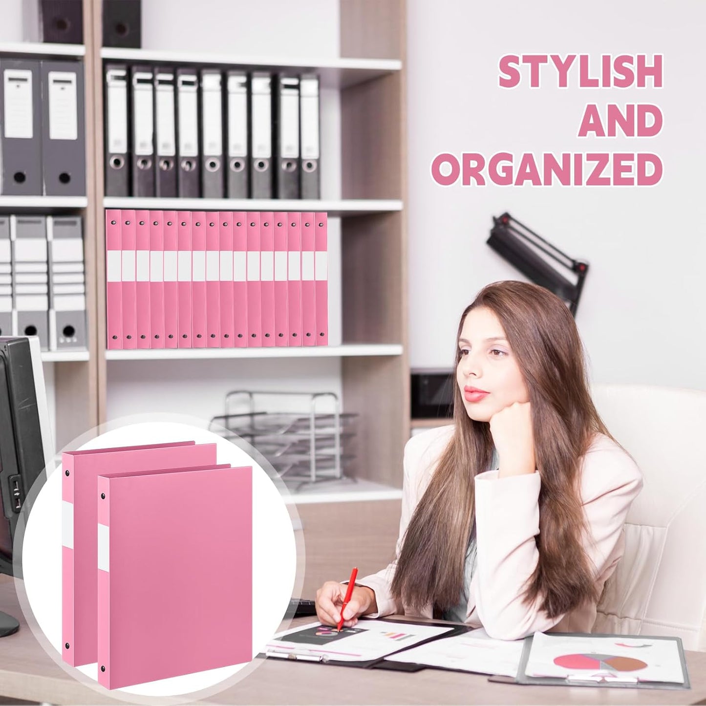 Henoyso 16 Pcs 3 Ring Binder 1/2'' Round Fits Letter Size 8. 5'' x 11'' Paper Plastic Flexible Binder Holds 100 Sheets with 1 Pockets Versatile Organizer for Office Home School (Pink)