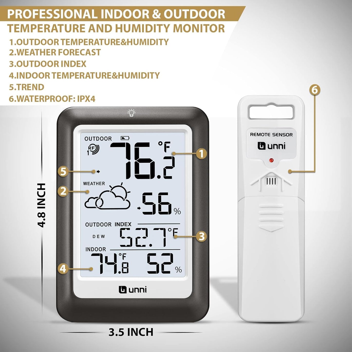 Indoor Outdoor Thermometer Wireless Weather Station, Temperature Humidity Monitor Battery Powered Inside Outside Thermometers with 330ft Range Remote Sensor and Backlight Display(Metal Black)