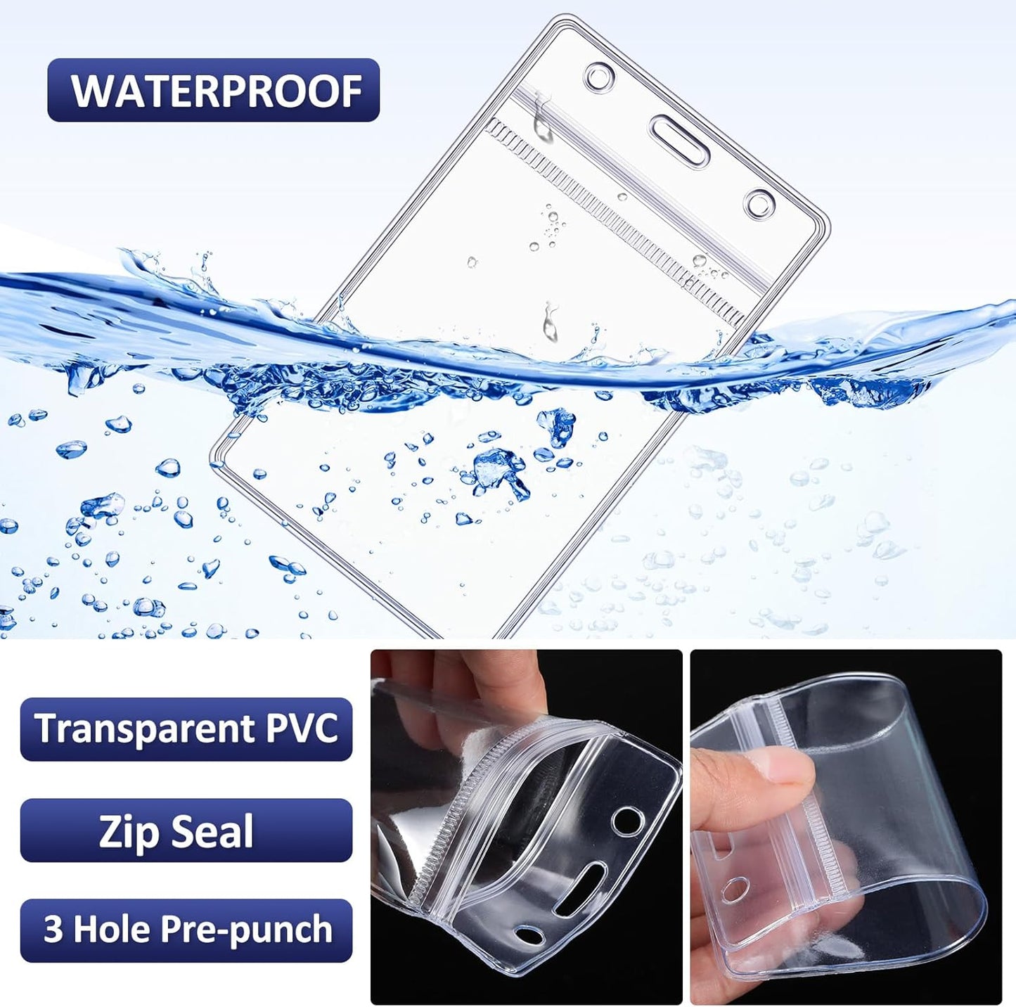 Marspark 100 Pcs Name Tag Lanyards with ID Holder Lanyards for ID Badges Resealable Flat Neck Name Tag with Clip Waterproof Plastic Clear Badges Bulk for School Office Supplies (Dark Blue)
