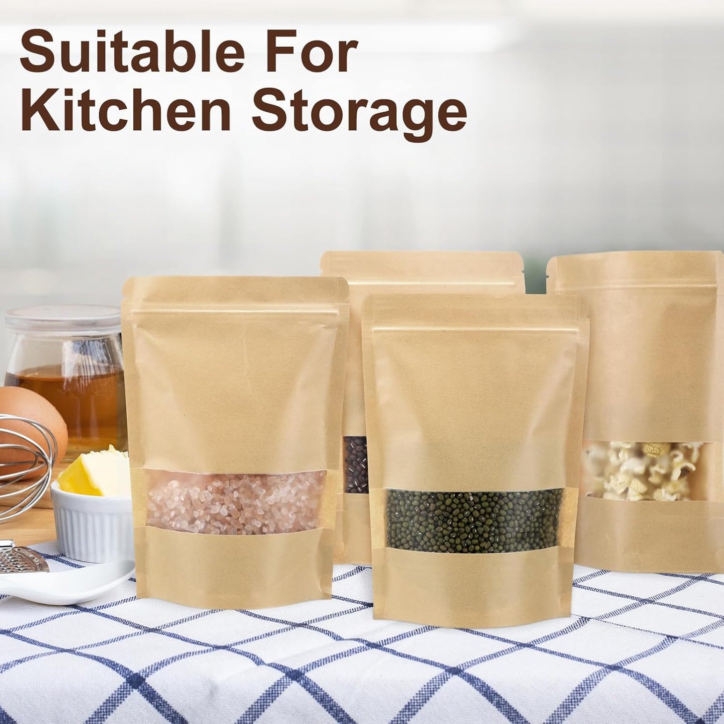 Geosar 300 pcs Kraft Bags with Window 6 x 9 Inch Kraft Stand Pouches Bulk Zipper Paper Pouches Food Storage Reusable Heat Sealable Bags for Packaging Home Office Business