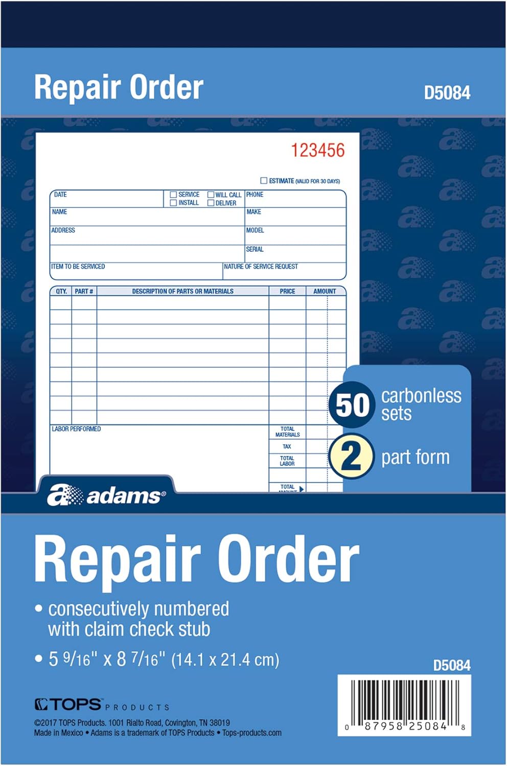 Adams Repair Order Book, Carbonless, 2-Part, White/White, 5-9/16 x 8-7/16 Inches, 50 Sets (D5084) (Pack of 10)