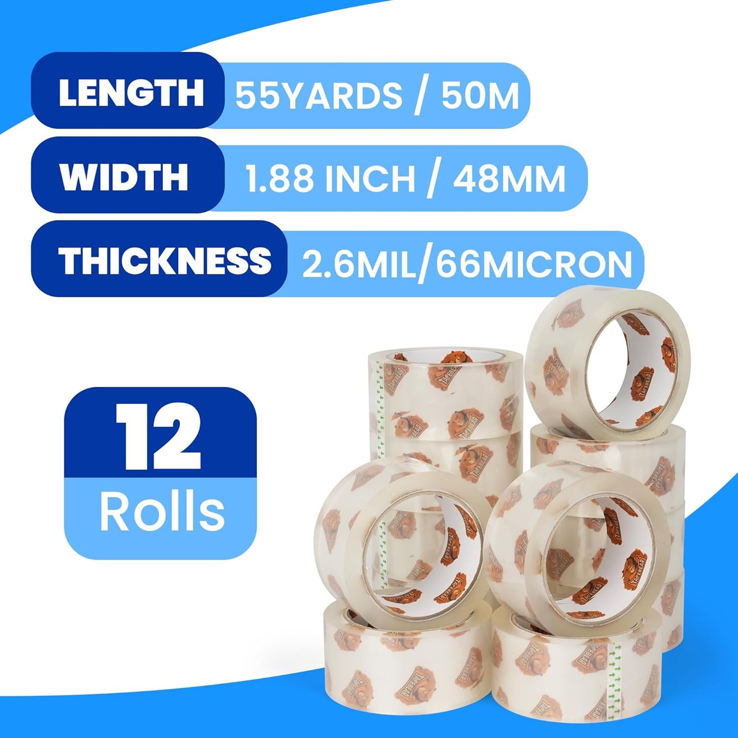 No Noise Packing Tape, Upgraded High Transparency 2.6mil x 1.88" x 55 Yards Quiet Packaging Tape Refill Rolls, Heavy Duty Shipping Tape for Sealing, Storage, Moving, 12 Rolls, Total 660Yards