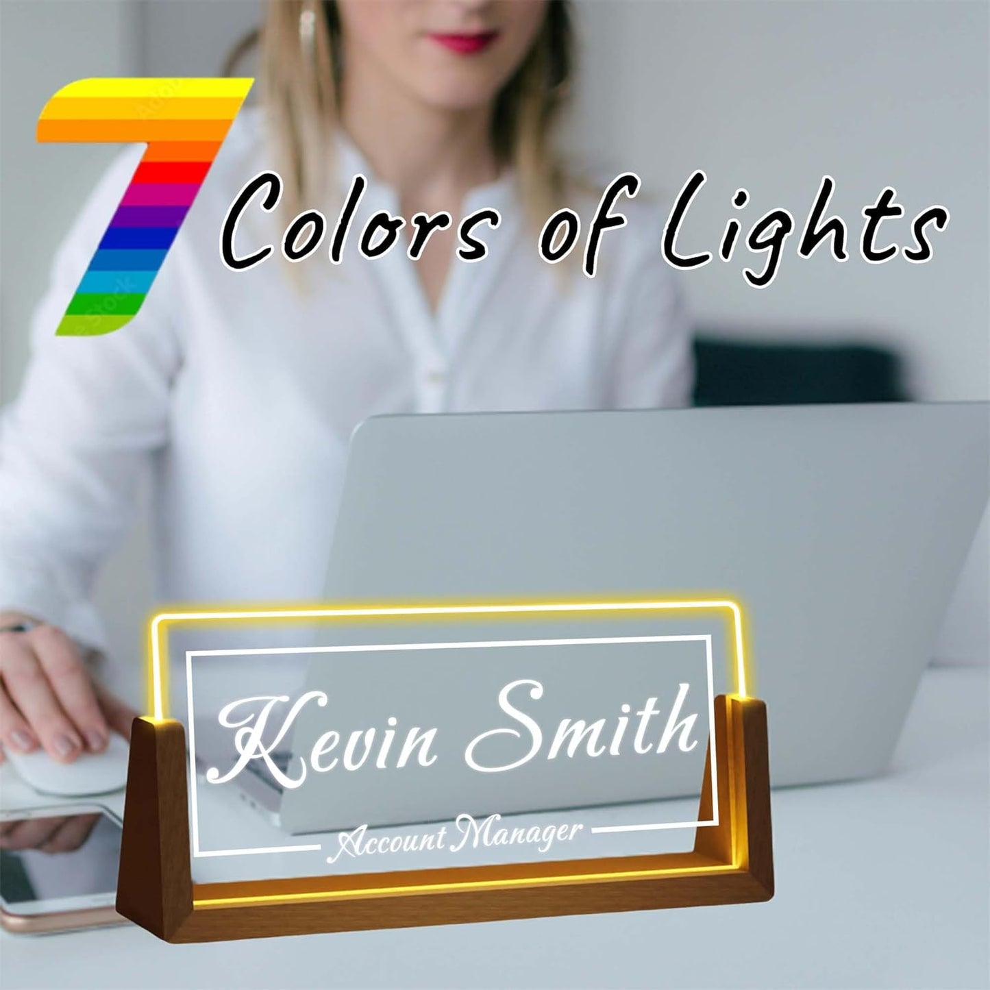 Personalized Desk Name Plate with LED Light & Wooden Base, Custom Acrylic Name Sign | Custom Office Decor & Appreciation Gifts for Boss Coworkers, New Job Promotion Gift (Style 2)