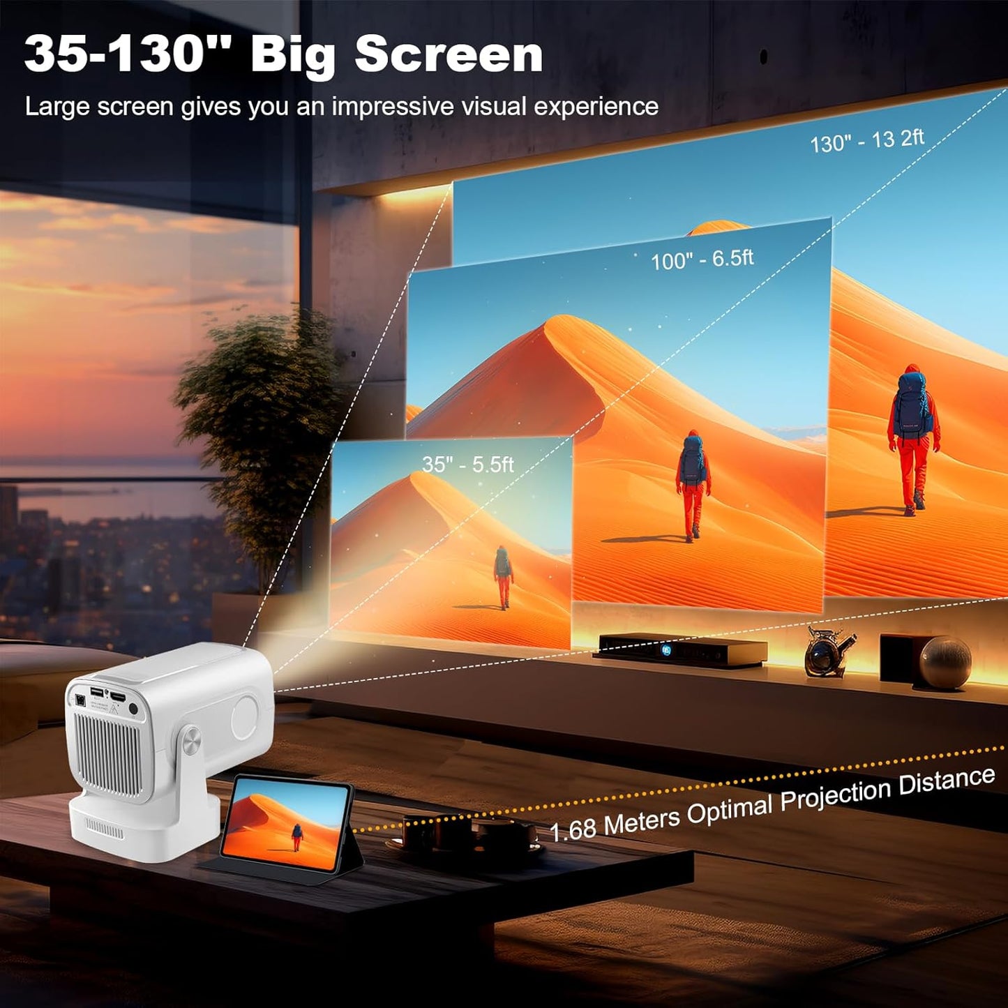 Mini Projector with WiFi and Bluetooth, 4K Full HD 1080P 200ANSI, 180° Rotatable Portable Projector, Auto Focus Movie Projector, Compatible with Smartphone, TV Stick, Laptop, HDMI, USB