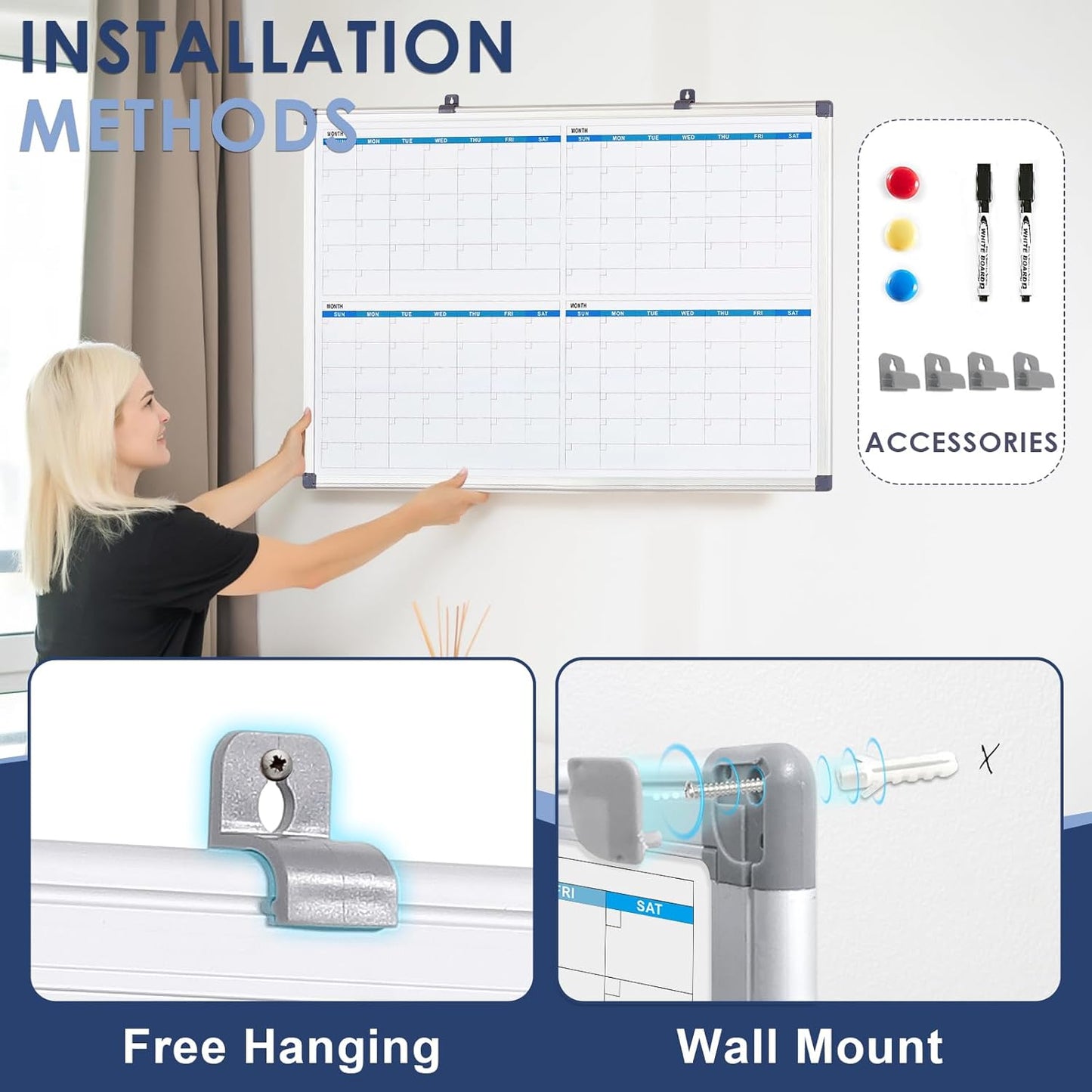 MAKELLO Large Magnetic Dry Erase Calendar Whiteboard Quarterly for Home, Bedroom, Office, Classroom, 4 Months, 36x24 in