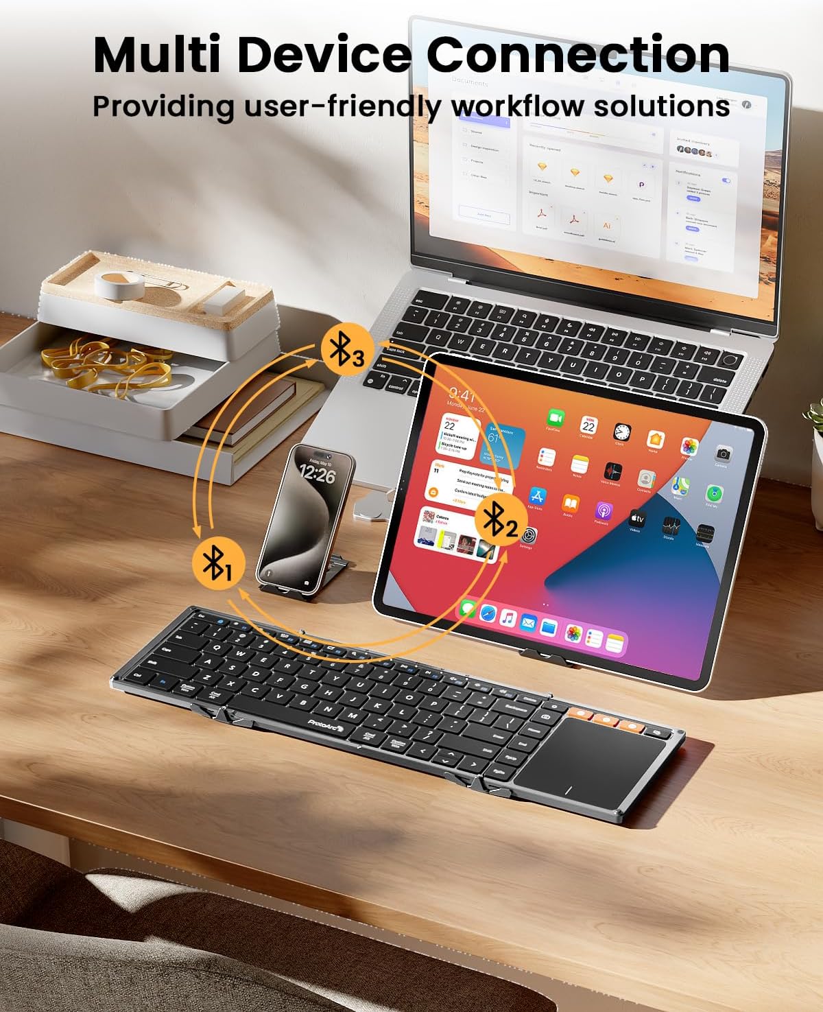 ProtoArc Foldable Keyboard with Touchpad, XK01 TP Folding Portable Keyboard, Full Size Keys, Large Trackpad Bluetooth Travel Keyboards for Laptop PC Tablet - Black Gray