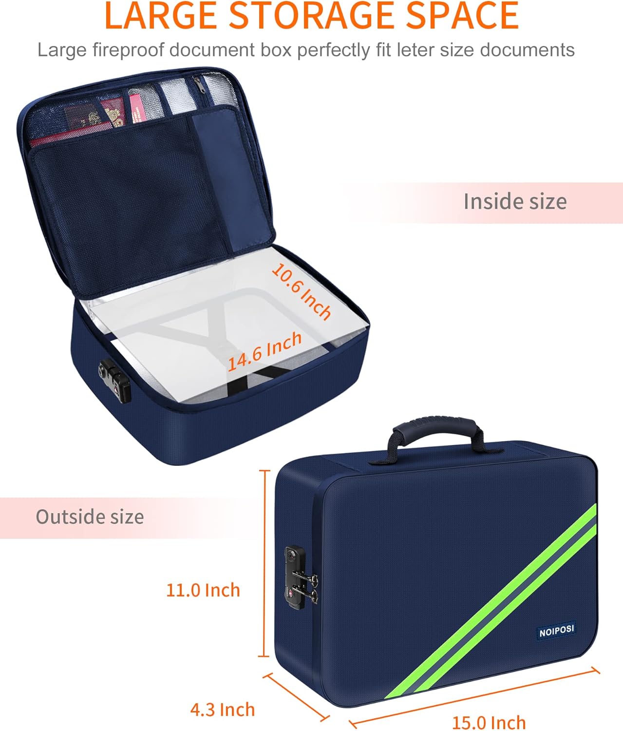 Noiposi Important Document Organizer, Waterproof and Fireproof Document Box with 7 Pockets File Folder,Portable Home Fire Safe Storage Box Case with Lock for Documents,File and Card,Blue