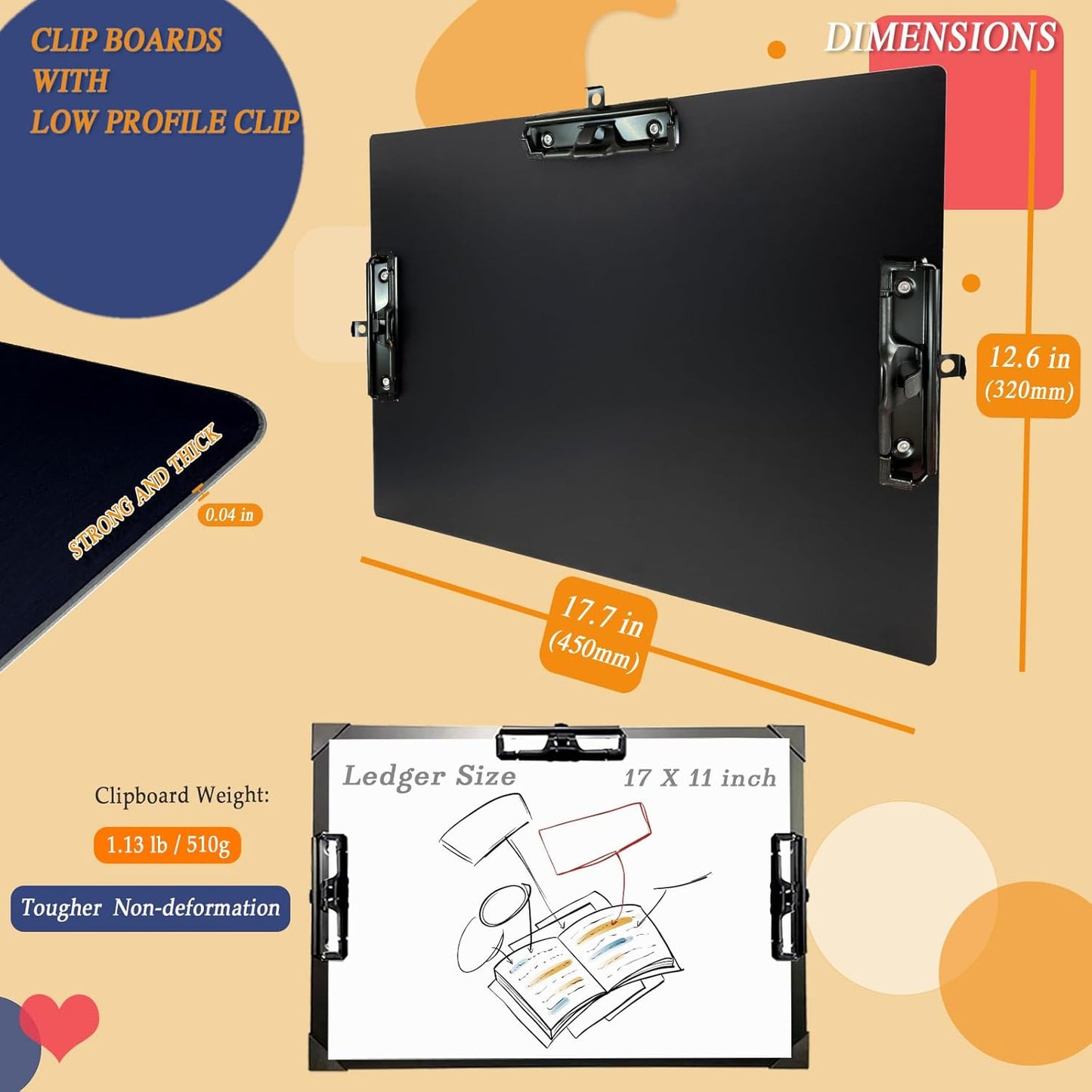 Three Black Clip Aluminum 11x17 Clipboard Metal Stainless Hangable Clipboards Art Pen Holder Extra Large Clip Board for Business Medical Professionals Workshop (Black, A3-3Clip)