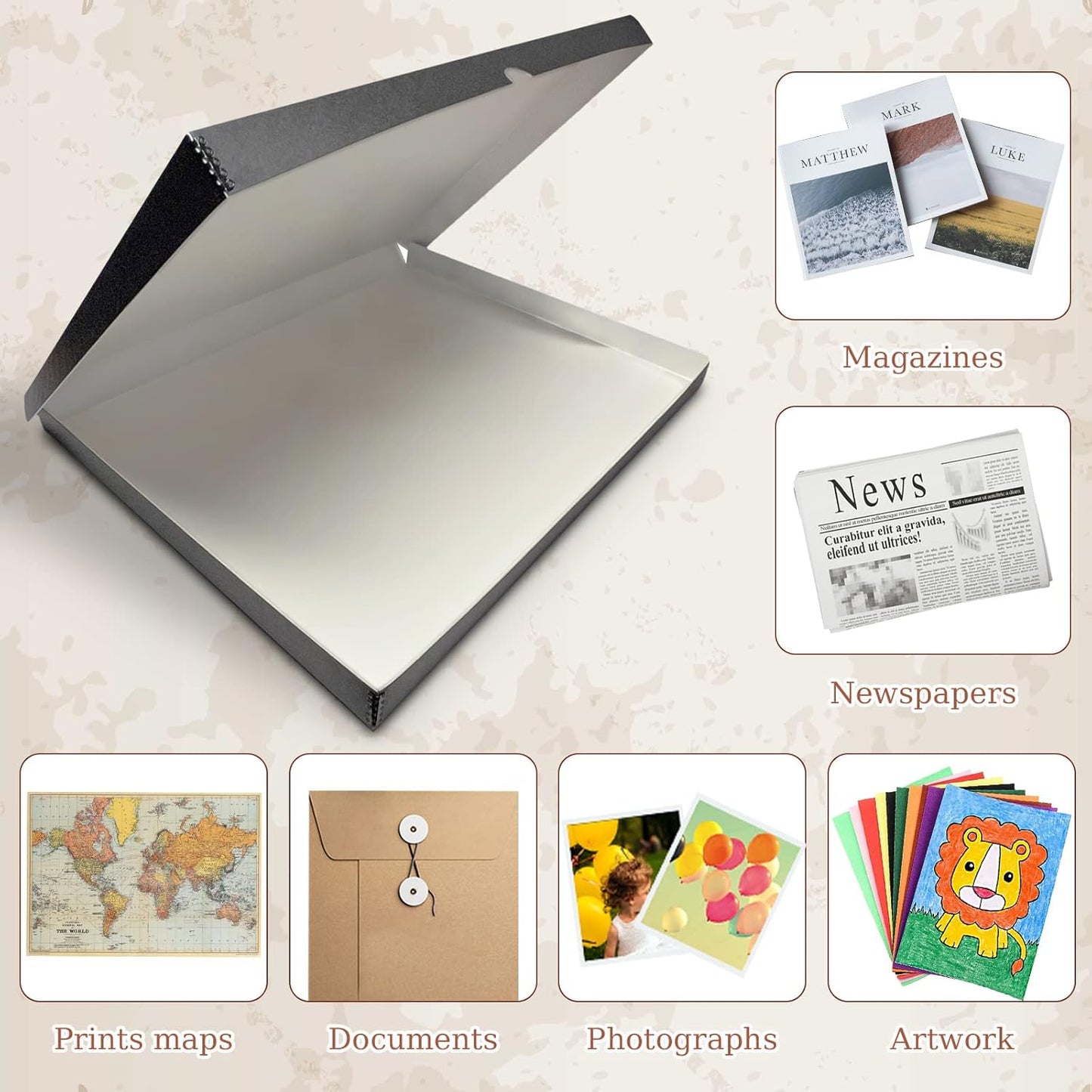 Golden State Art, Archival Folio Storage Box 11x14, Clamshell Design with Metal Edge, Preserve and Store Photos Documents Cards Prints Arts Crafts DIY, Gray, Pack of 2
