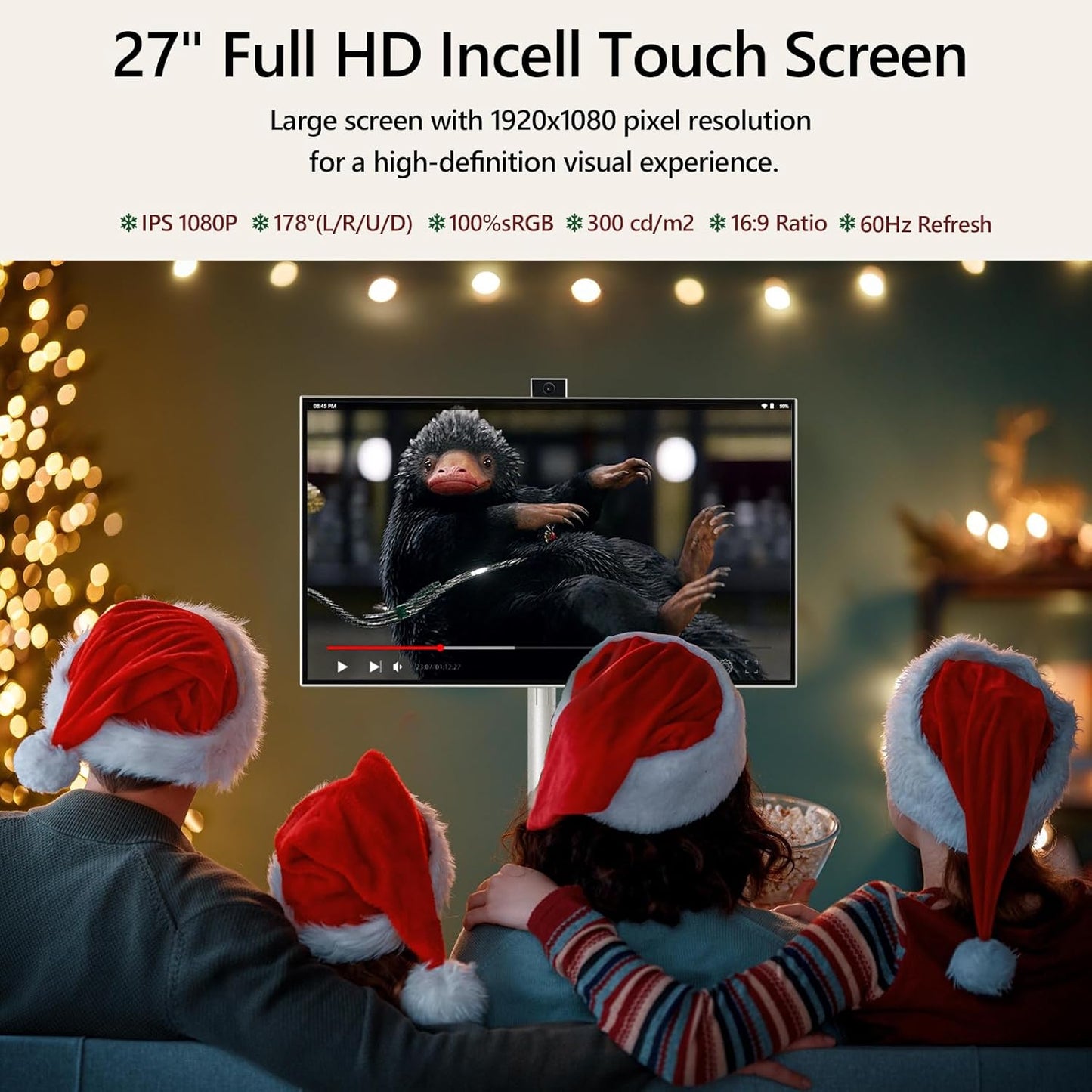 OFD 27 inch Smart Portable TV on Wheels,6GB RAM+128GB Storage,Swivel Rotation Touchscreen Monitor 100% sRGB Android 13 OS,Rolling TV with 8MP Webcam,Built in 9000mAh Battery,EDLA-Certified,Off White