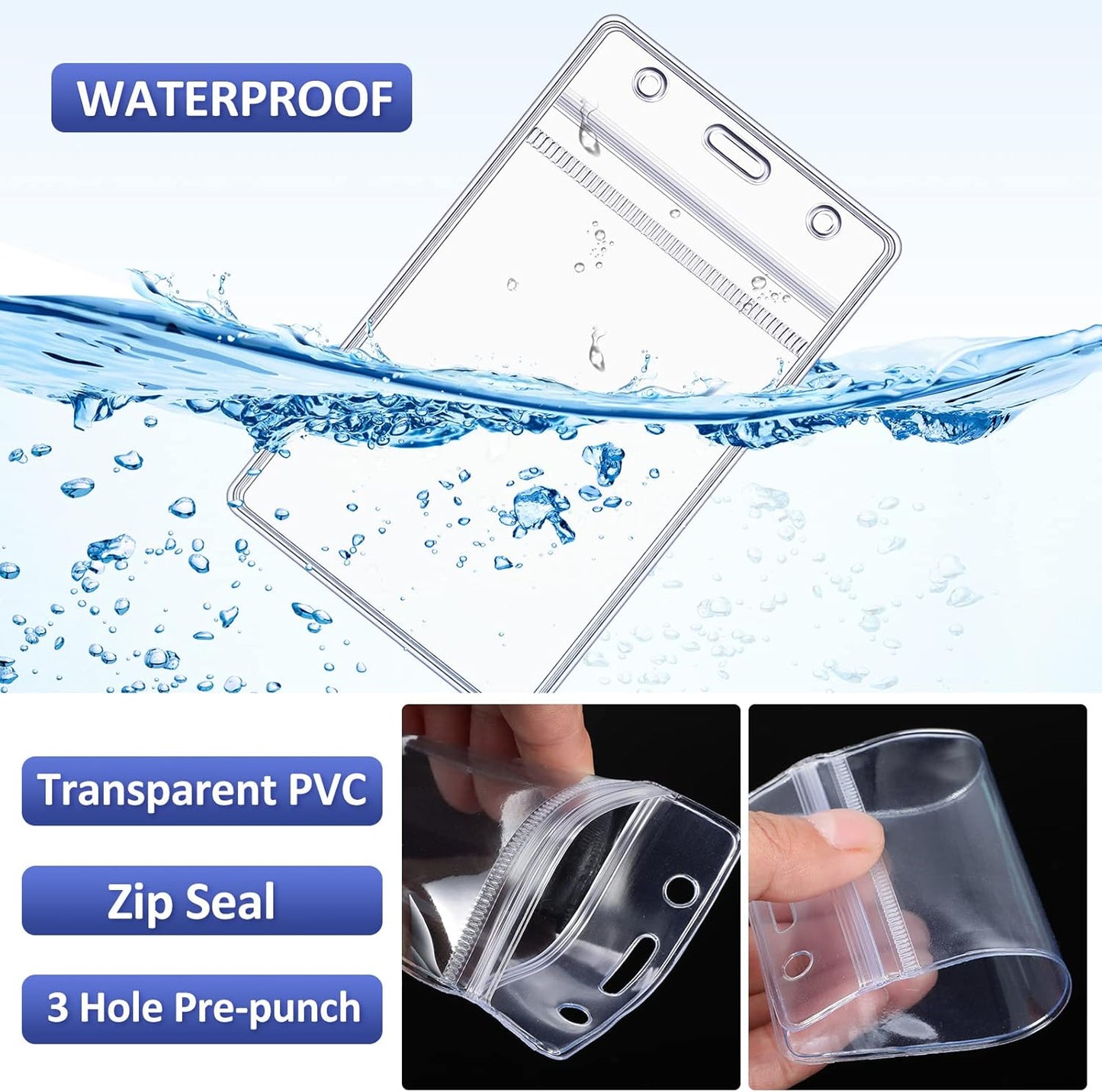 Marspark 200 Pcs Name Tag Lanyards with ID Holder Lanyards for ID Badges Resealable Flat Neck Name Tag with Clip Waterproof Plastic Clear Badges Bulk for School Office Supplies (Blue)