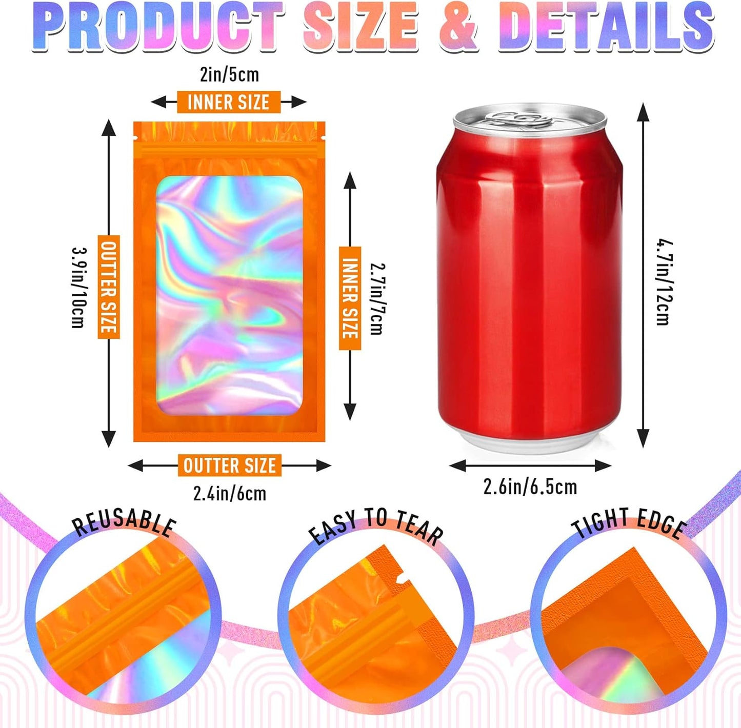 Smell Proof Bag, 100 PCS Holographic Bags, Packaging Bags, Food Packaging Bag(4x6 Inch)