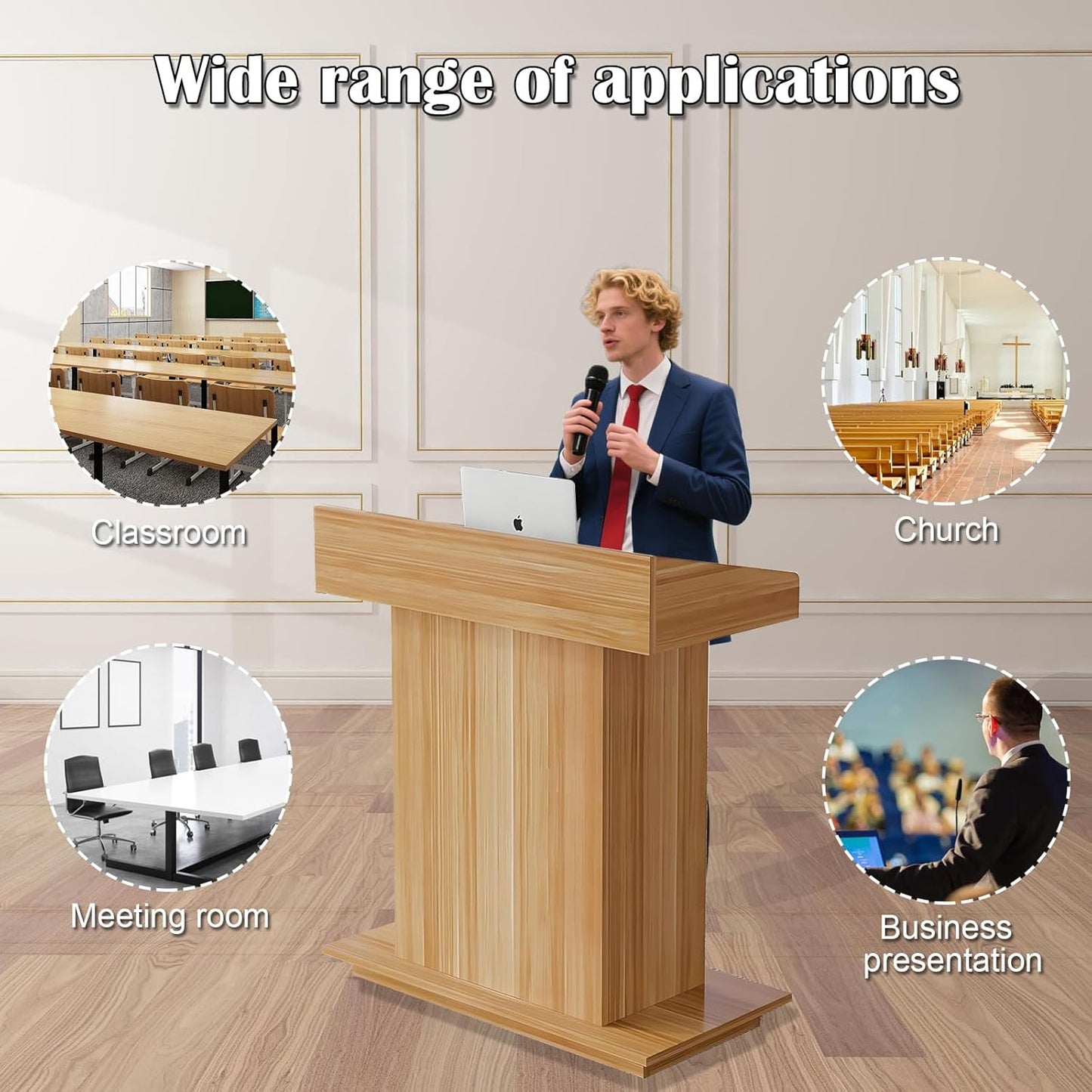 Solid Wooden Podium Stand Podiums for Classroom Lectern Podium Stand Wood Church Pulpit with 3 Levels of Storage and Heightened Baffles (Wood Color, 39.4in)
