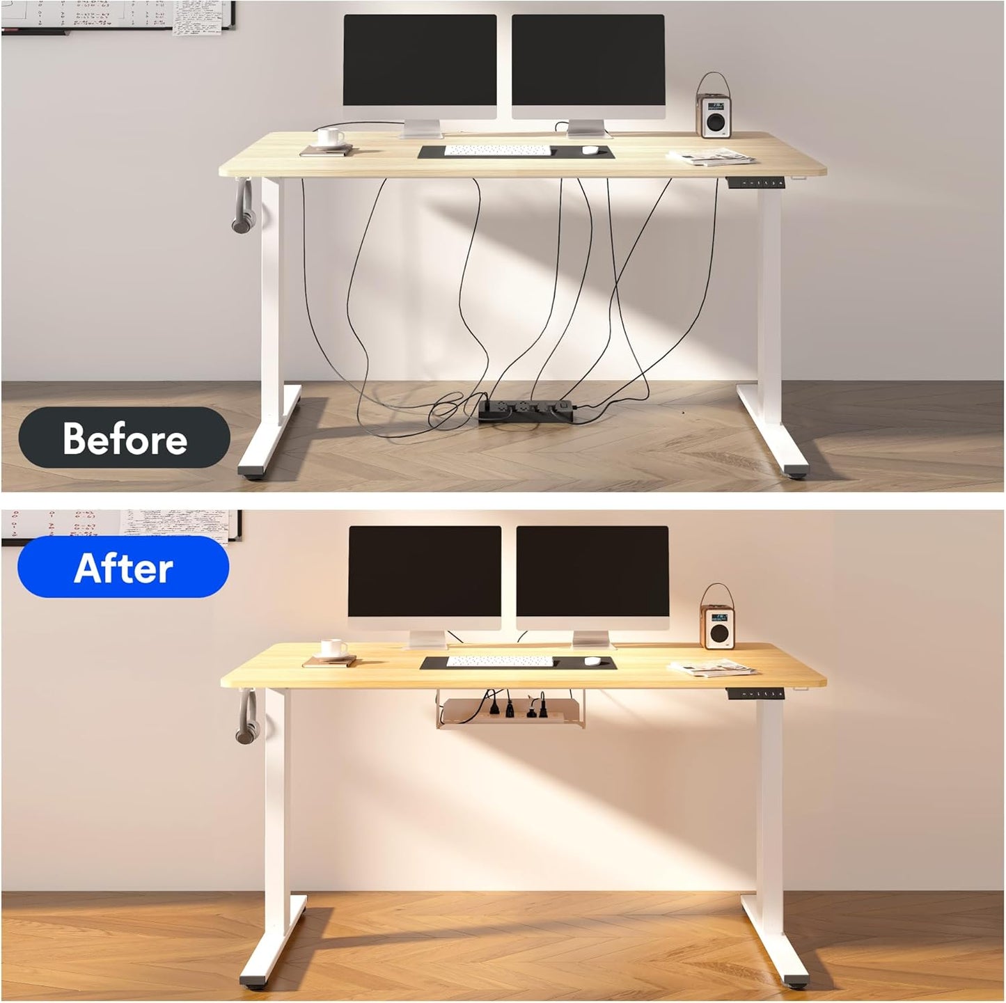 FLEXISPOT EN2 Whole-Piece Standing Desk with Clamp Power Strip, 55 x 28 Electric Stand Up Height Adjustable Desk with Cable Management (White Frame + 55" Maple Top, 2 Packages)