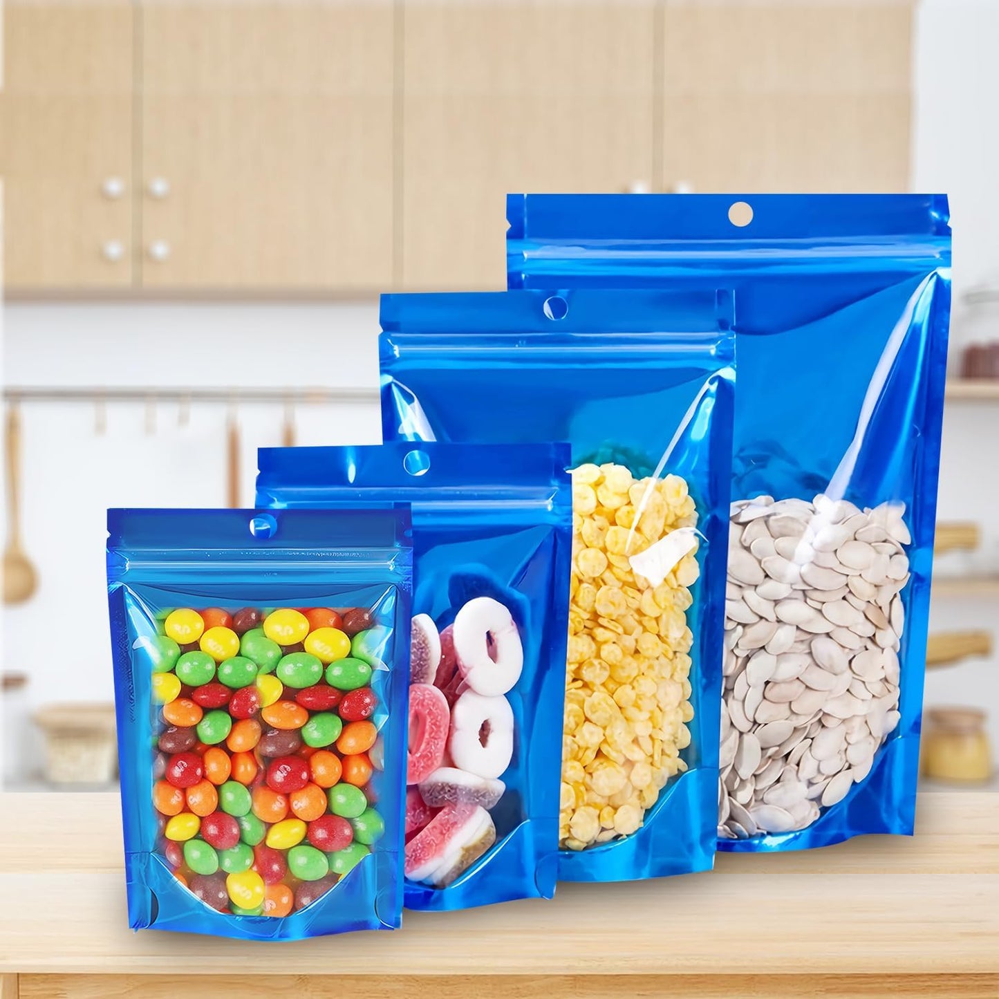 100 PCS Smell Proof Mylar Bags, Resealable Packaging Sealable Bags, Stand Up Aluminum Foil Pouch Bags with Clear Window for Food Storage, Jewelry,Cookie,Small Business Packaging(Blue 4.7x7.9inch)