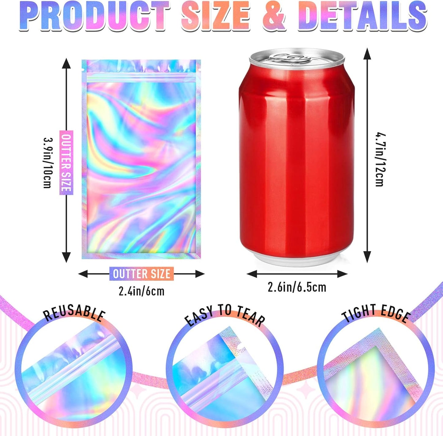 Mylar Bags, 100 PCS Holographic Bags, Smell Proof Bag with Sealing Strip, Resealable Bag (2.4x3.9 Inch)