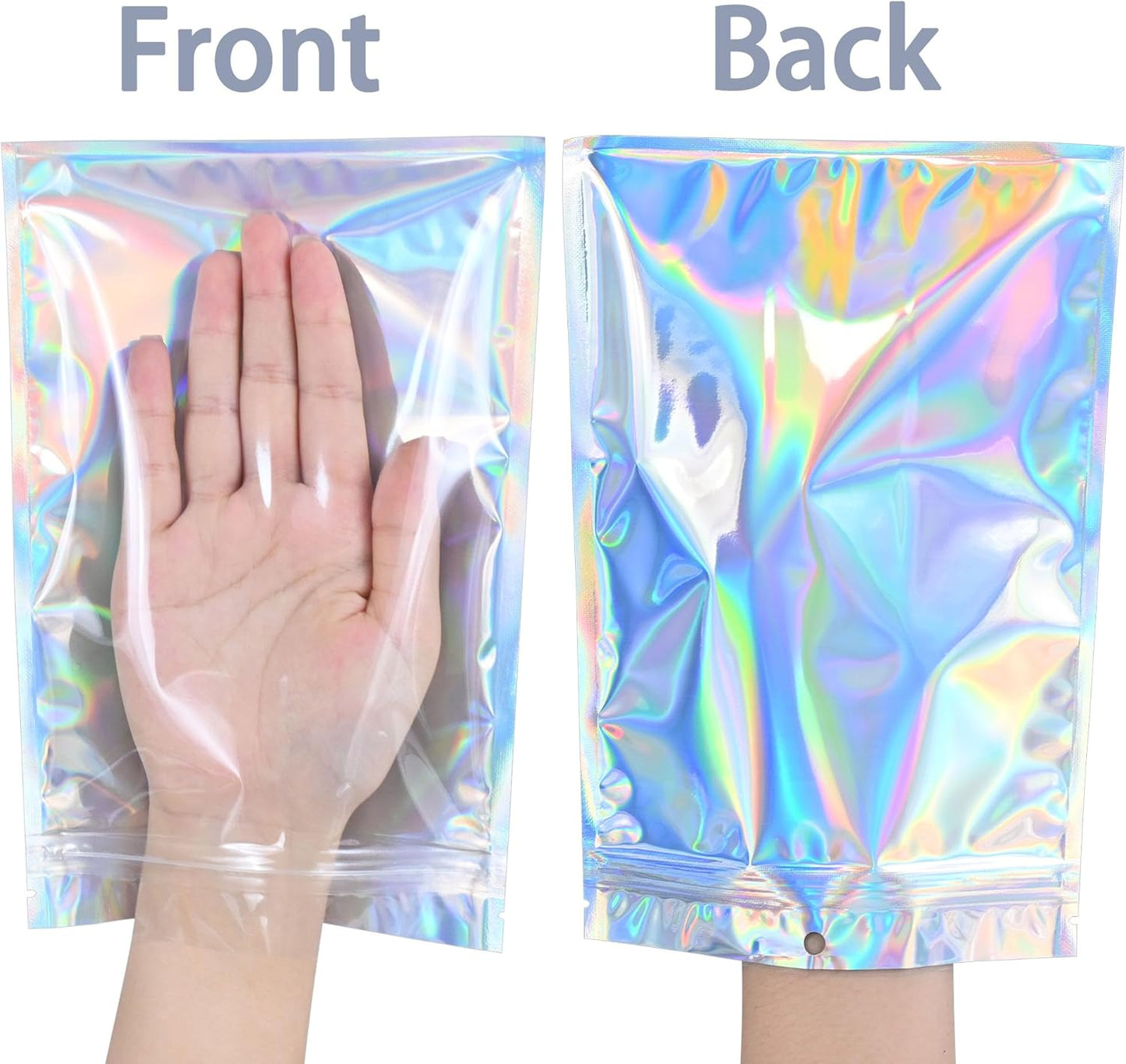 100 Pack Holographic Resealable Plastic Bags for Food Storage, Zipper Bags with Clear Front Window, Packaging Pouch for Small Business (100 Pack, 6.4x9.6 inch)