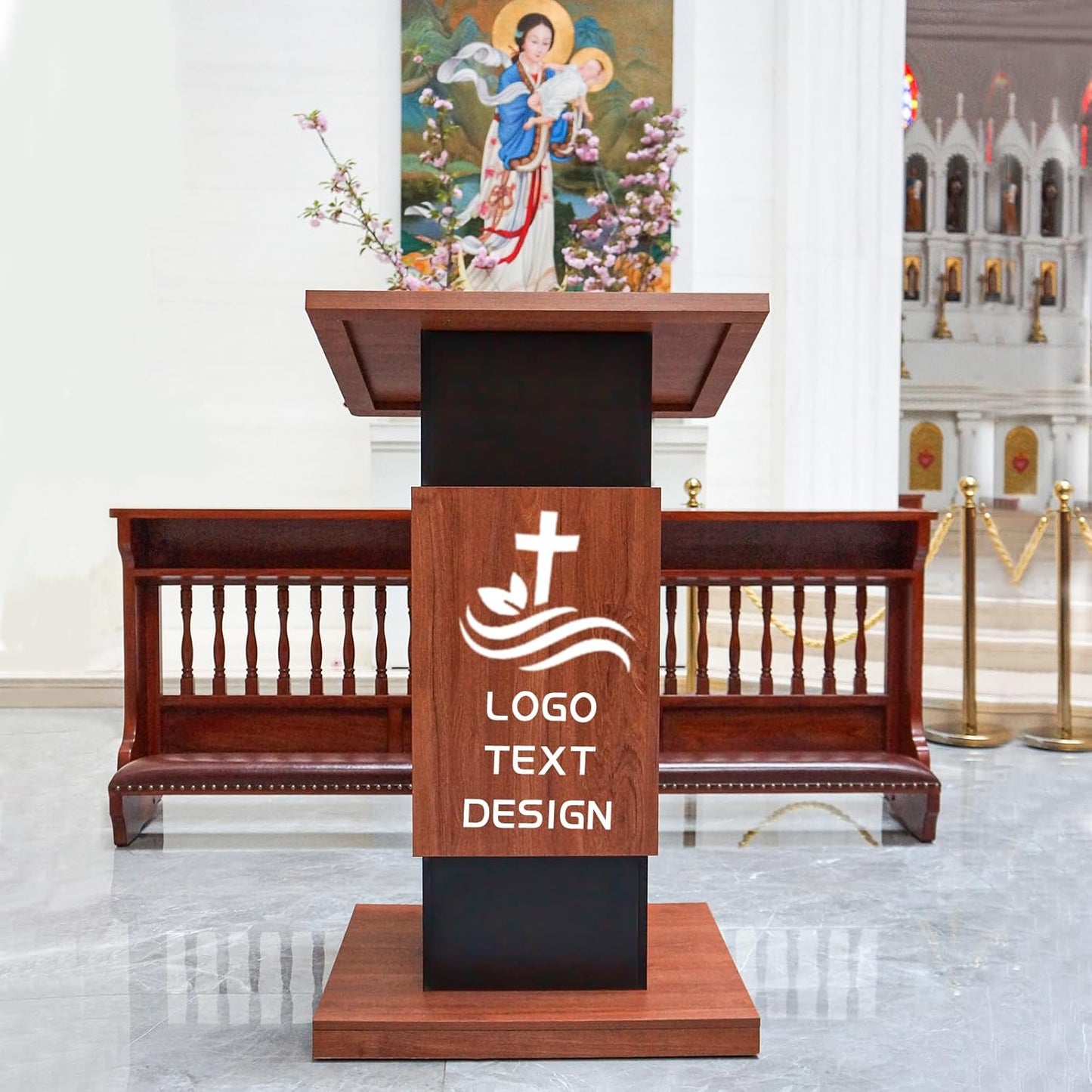 47’’ Customized Wooden Podium Stand with 4 Wheels, Portable Lectern Churches with Wire Hole, Pulpits Stand with Storage for Churches, Office, School Home Conference Restaurant Meeting