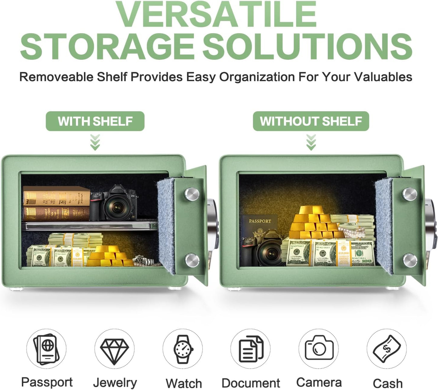 Safe for Home, Small Safe with Fireproof Bag, Removable Shelf, 1.0 Cubic Feet Digital Electronic Security Money Box for Cash, Document, Home, Office, Hotel Use, Green,9.84"D x 13.78"W x 9.84"H
