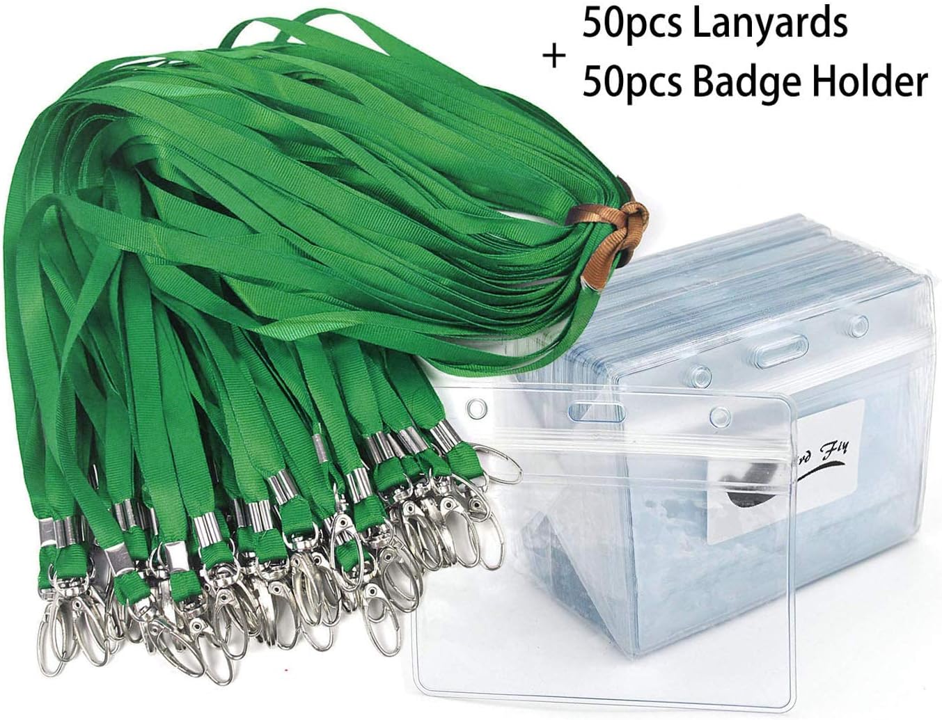 Lanyard with ID Holder 50 Pcs Waterproof Name Tag Badge ID Card Holders ID Pass Holder and 50 Pcs Flat Neck Lanyards Swivel Hook (Green, Horizontal)