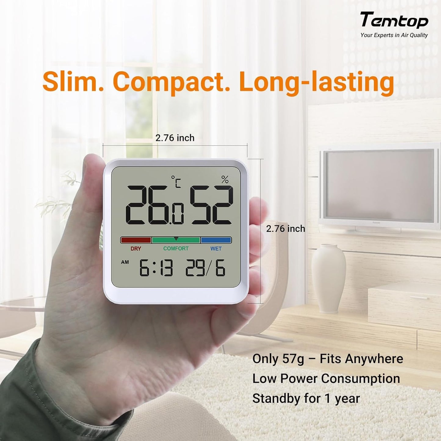 Temtop Indoor Thermometer Hygrometer, Precision Digital Temp/Humidity Monitor with Magnet & 3M Sticker, Date & Time, Wall/Magnet/Stand Mount, for Home, Office, Nursery, T1-SE