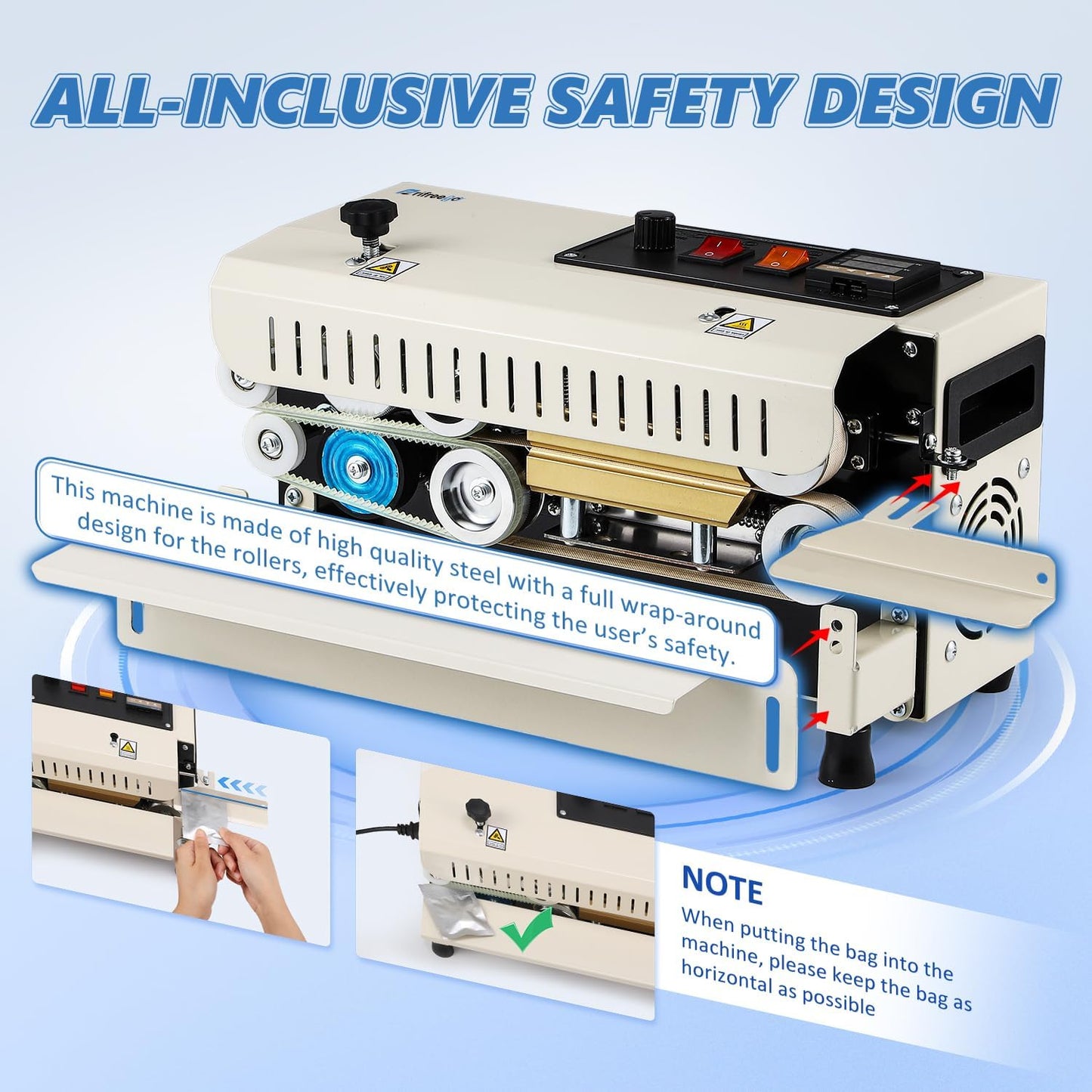 Commercial Heat Sealer Machine, Automatic Continuous Band Sealer, Temp&Speed Adjustable, Horizontal Bag Sealing Machine for Plastic Packing Bags, Desktop Beige