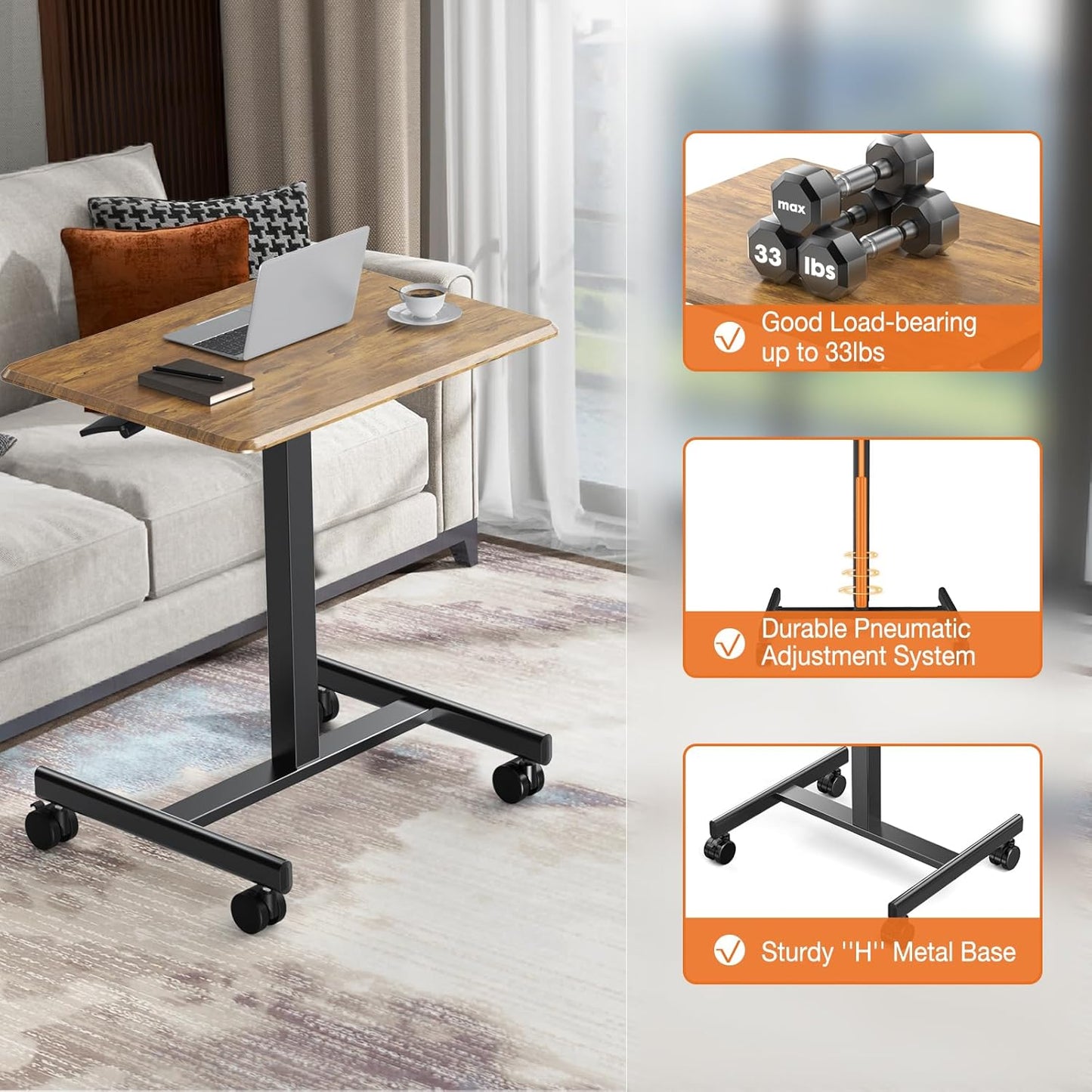 Sweetcrispy Small Mobile Standing Desk, Rolling Laptop Computer Carts, Portable Laptop Desk with Wheels, Adjustable Height Table for Home Office, Rust Brown