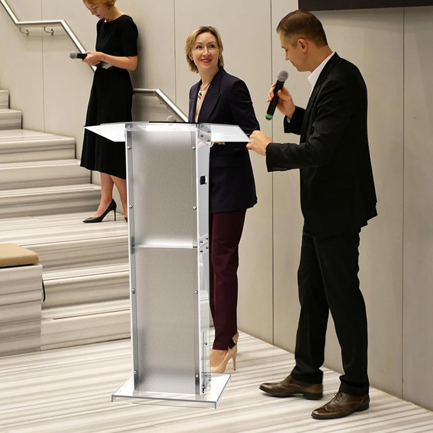 Acrylic Podium Stand With Storage Shelf,Segmented Transparent Lecterns & Podiums,Pulpits For Churches、Conference、Speeches、Weddings、Classroom、Concert,43" H Professional Presentation Podiums