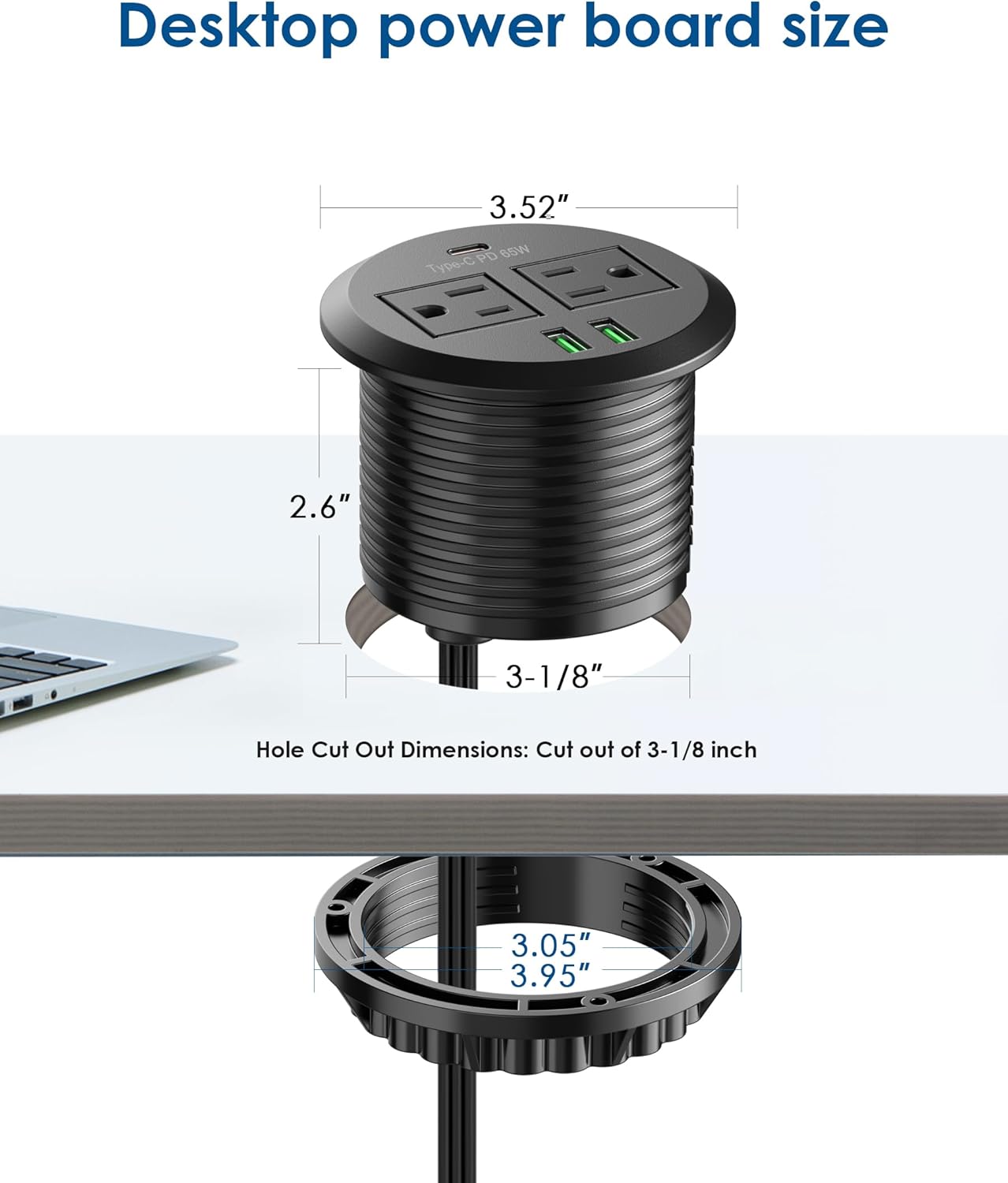 Jgstkcity 3 inch Desktop Power Grommet, Max 65W USB C Charger,2 Outlets, 3 USB Ports, Flush Mount Desk Hole Round Power Outlet, High-Speed Charging Station, Recessed Power Strip,6ft Cord Flat Plug