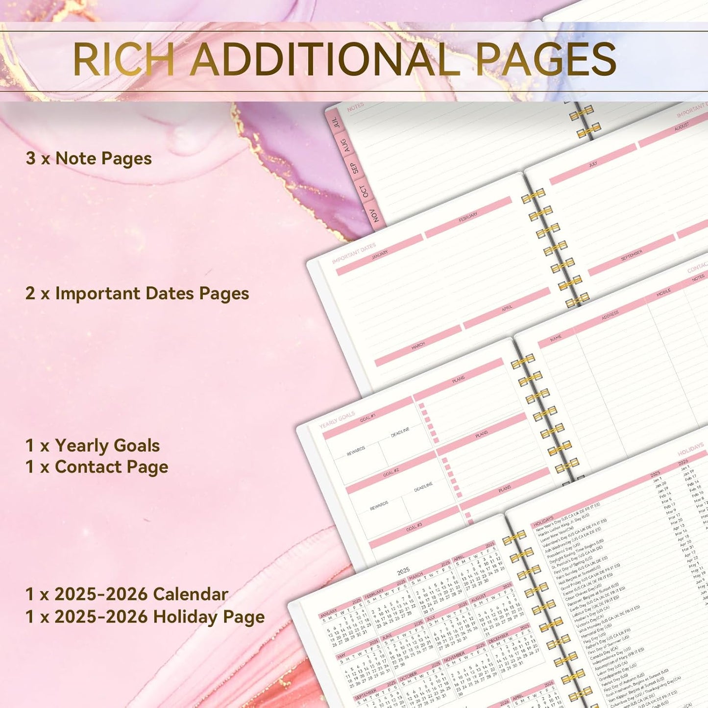 Academic Planner 2025-2026, Weekly and Monthly Planners for Women, Jul.2025 - Jun.2026, AIMPEAK Daily Calendar Planner for Teacher & Student, Monthly Tabs, Pink Marble, 7"x10"