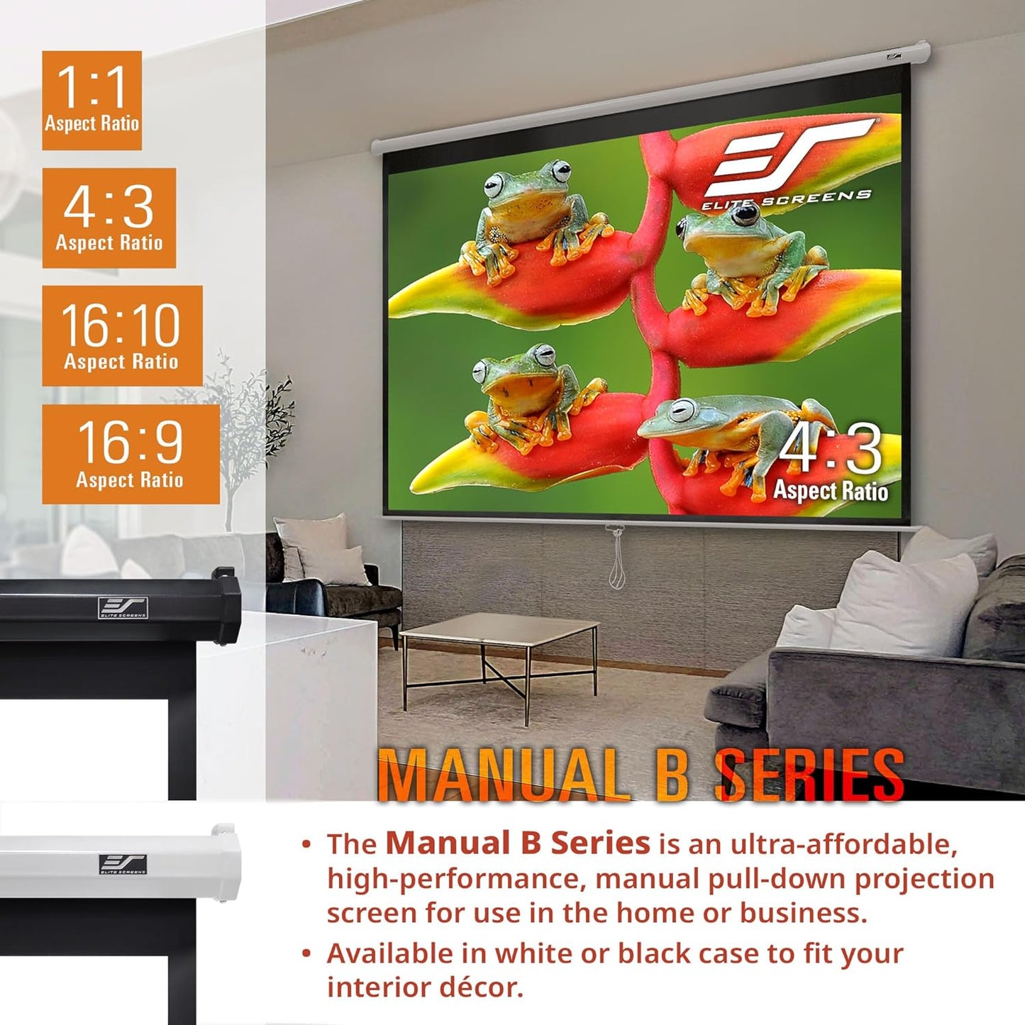 Elite Screens Manual B, 135-INCH Manual Pull Down Projector Screen 16:9 Diag 4K 8K 3D Ultra HDR HD Ready Home Theater Movie Office Presentation Projection Screen, M135H