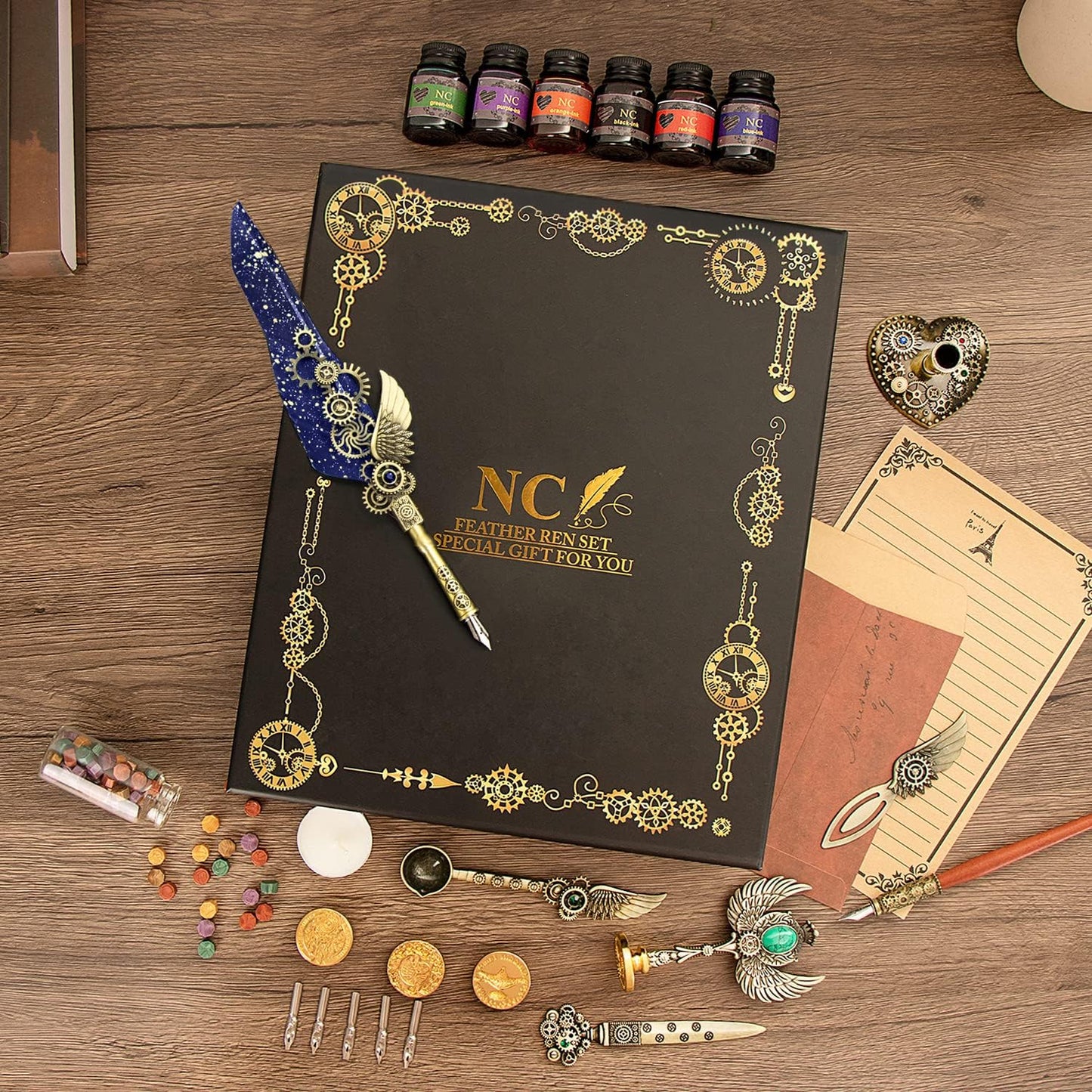 NC Quill & Feather Calligraphy Pen Set, Wax Seal Stamp - Valentine's & Birthday Gift, Ideal for Various Holidays (Blue)