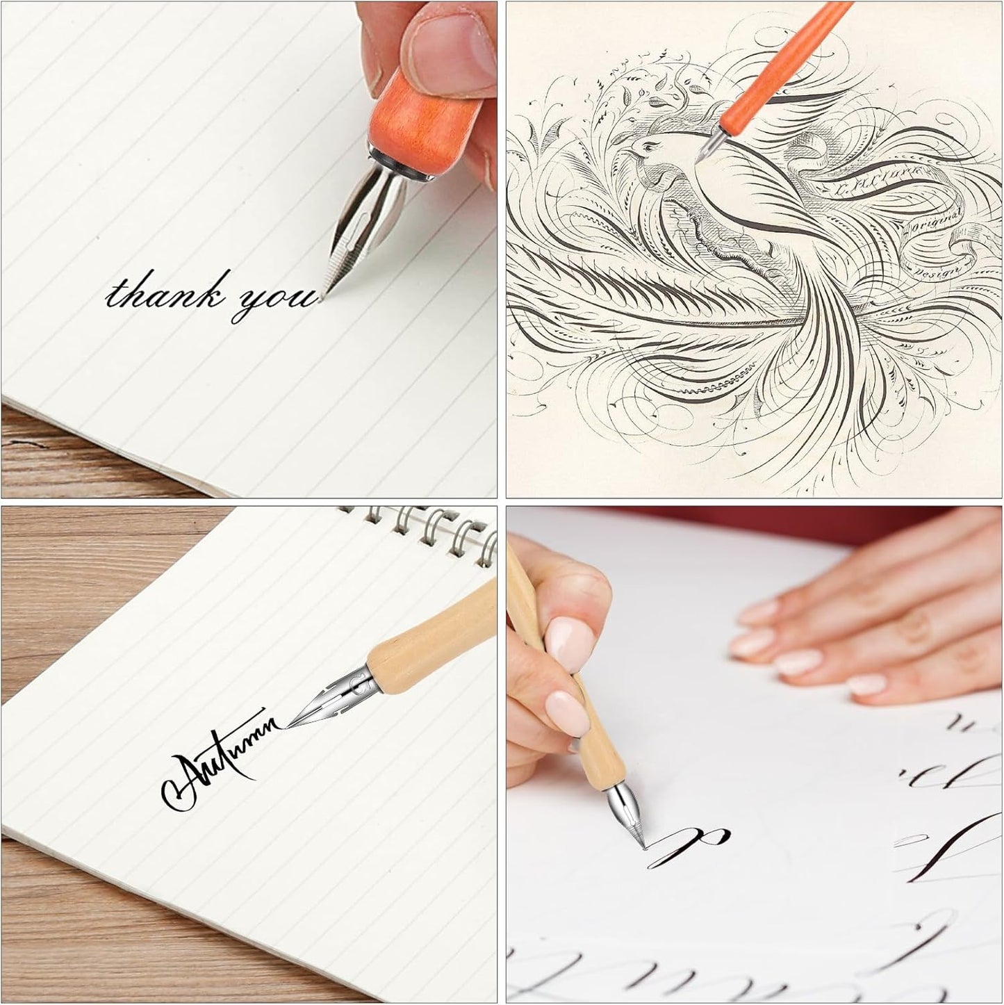 Bewudy 10 PCS Oblique Calligraphy Dip Pen Set, Comic Pen Nib Set, Fluid Writer Pen, with 8 Pieces Stainless Steel Pen Replacement Nibs Nib for Writing Painting Signing and Sketch (Solid Wood)