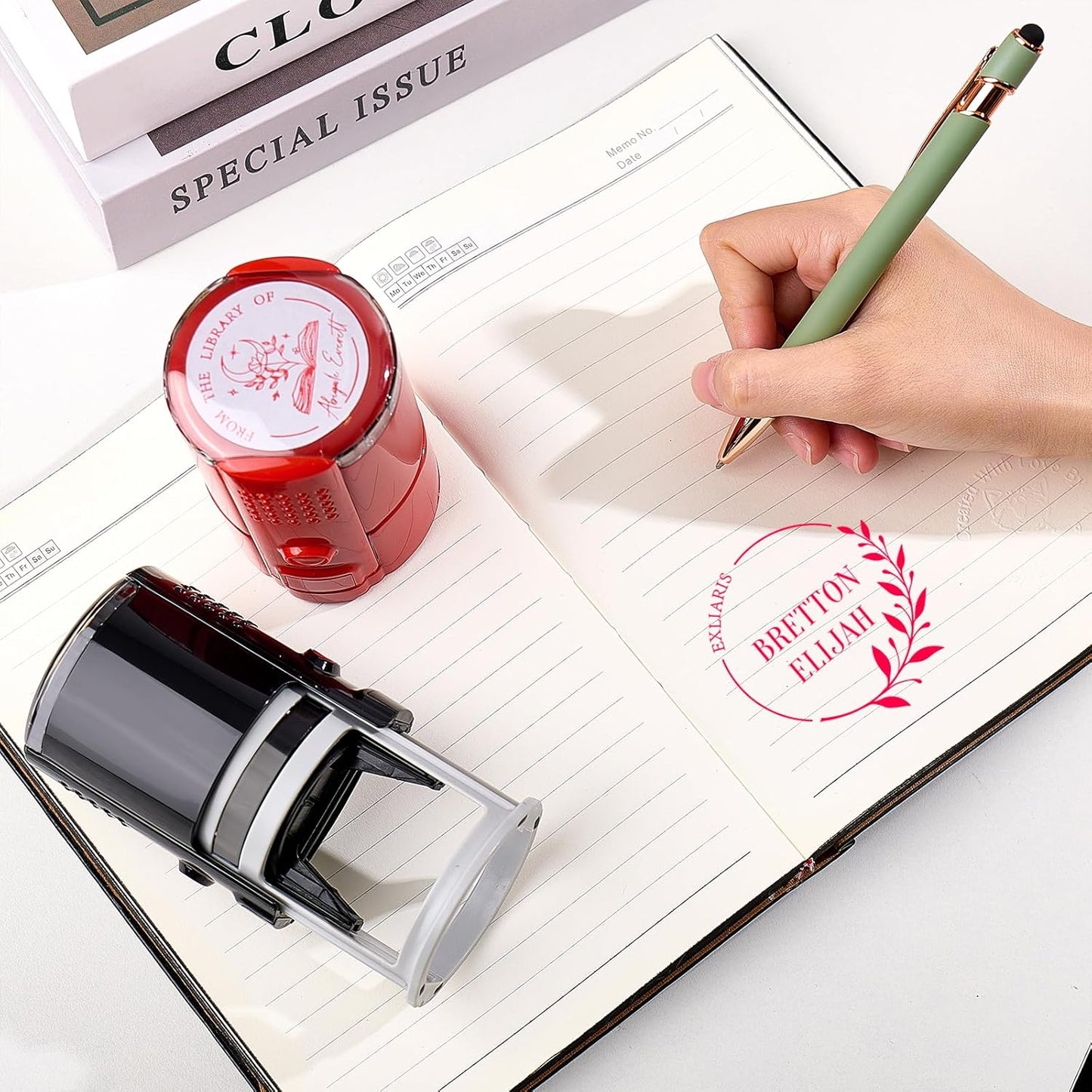 Personalized Book Embosser Stamp with Handle Set, Custom Self-Inking Library Stamp with Name & Design, Elegant Invitation Seal from Library Stamp Kit, Birthday, Book Lover Gifts (Name Sign)