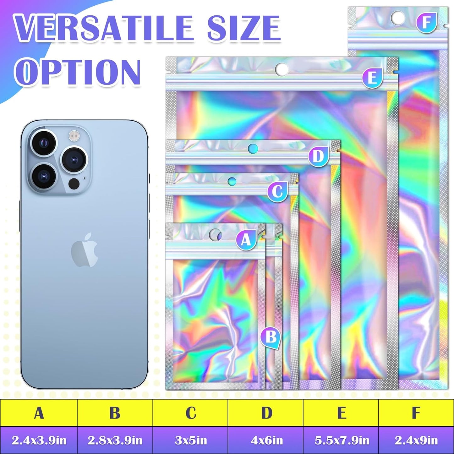 100 Pcs Mylar Bags, Holographic Bags, Smell Proof Bags, Resealable Bags for Small Business, Sample Bags, Sealable Bags for Packaging Gift, Jewelry, Candy, Bracelets, Party Favor (2.8x3.9in)