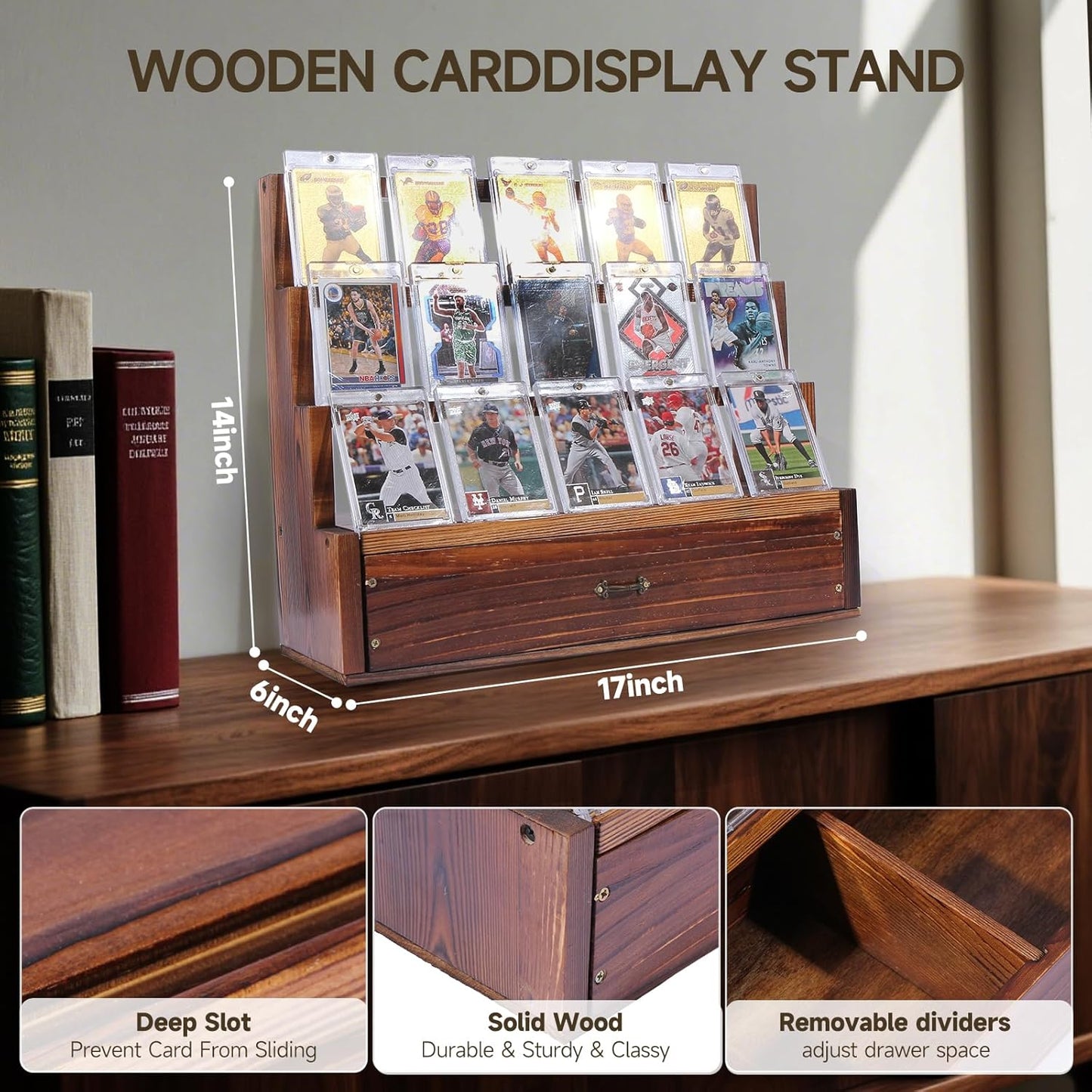 Card Display Stand with Storage Cabinet – Wooden 3-Tier Baseball Card Display Stands for PSA Graded Cards – Trading Card Display Stand for Sports Card Collection & Organization