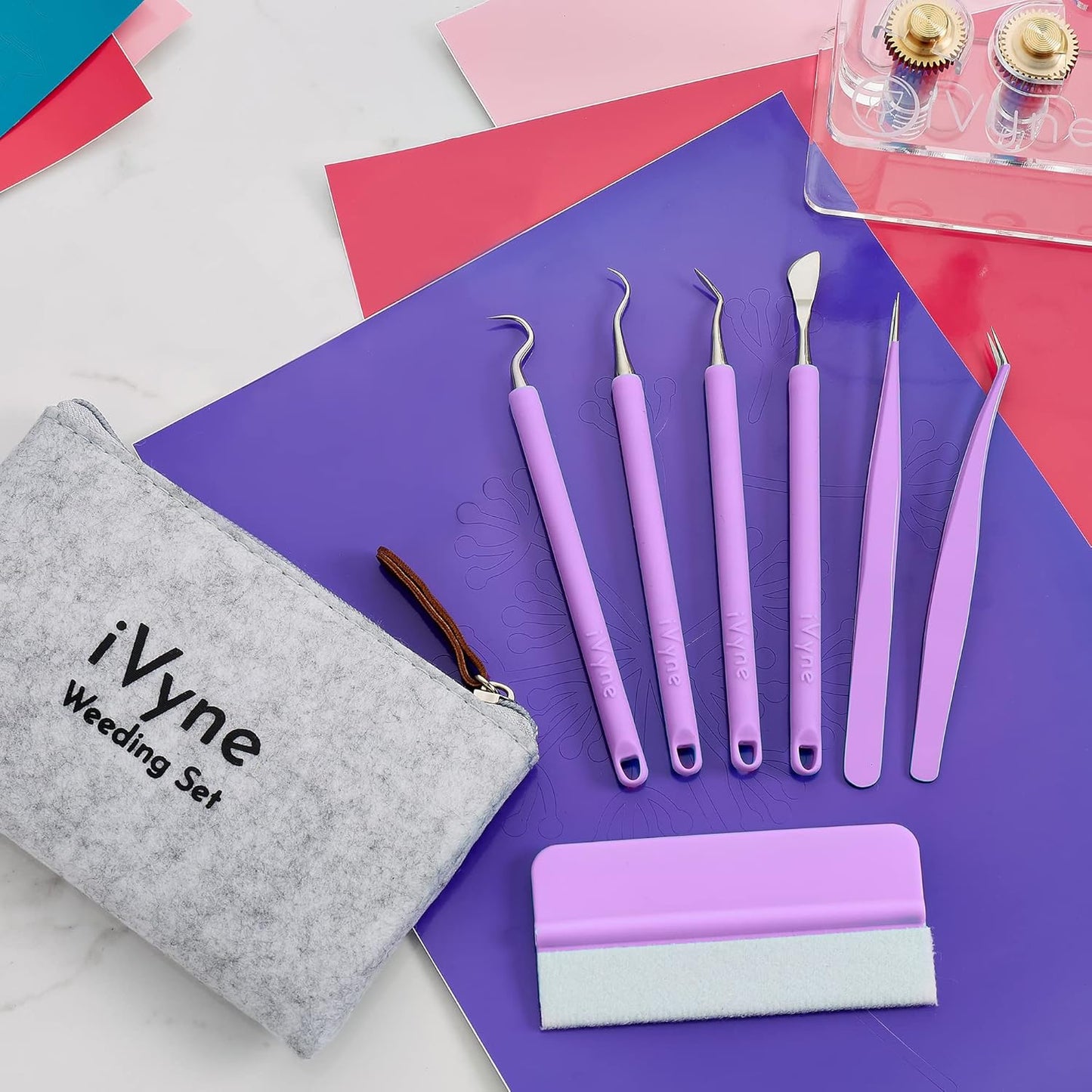 iVyne (8pcs) Premium Vinyl Weeding Tool Kit & Weeding Scrap Collector Soft Grip Tools with Berry, Weeder, Tweezers, Picker Or Hook, and Scraper Set for Silhouette Cameos & Cricut - Purple