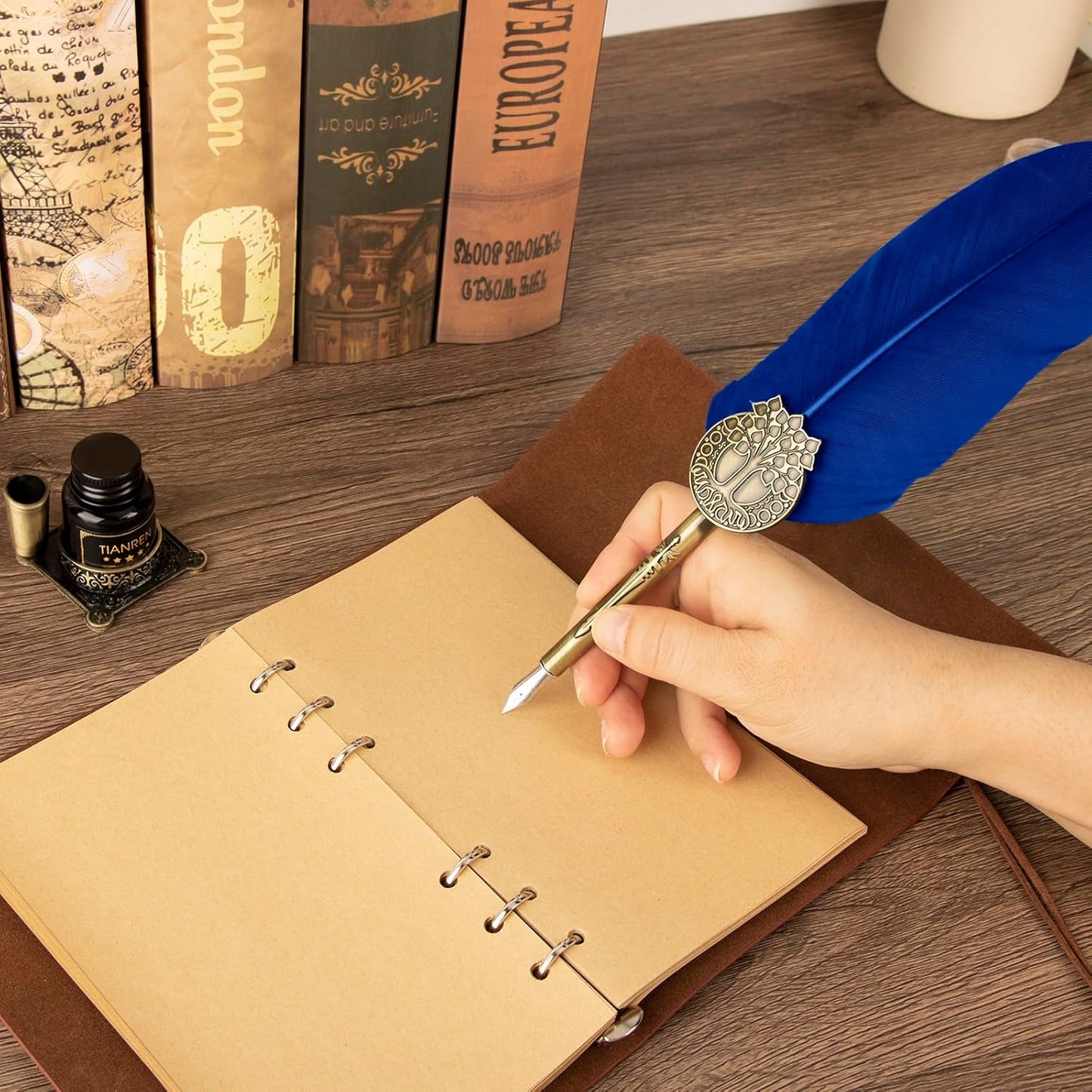 Quill pen ink set,Feather Pen and Ink Set,Antique Calligraphy Pen with 4 Replaceable Nibs,2 Bottle of ink,Feather Dip Pen Holder Christmas Gift for Men&Women.(Blue)