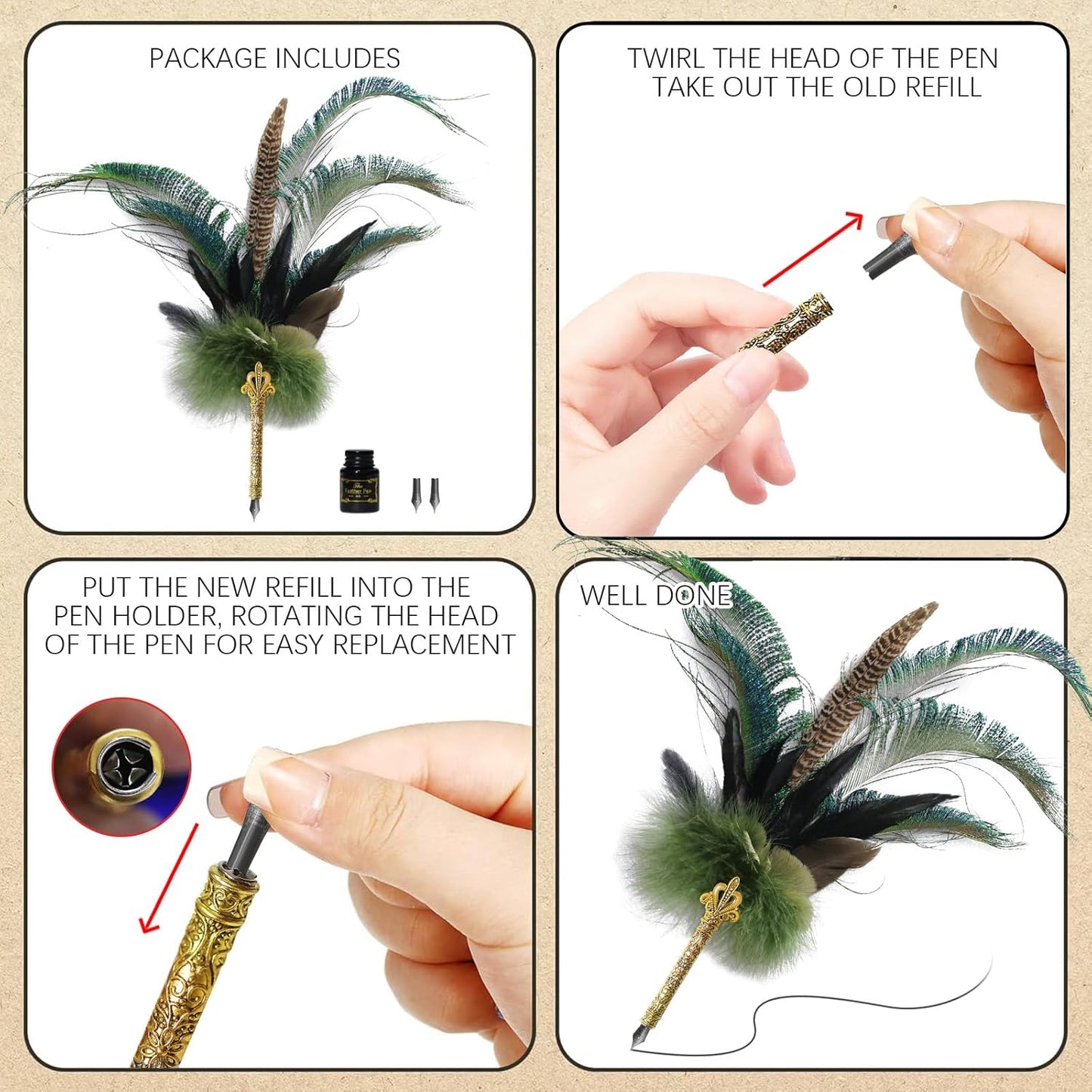 CROWN GUIDE Luxury Feather Pen with Black Ink Set - 13.8" Peacock Fancy Quill Fountain Pen for Writing Calligraphy, Wedding Nikkah Pen for Guest Book Journaling Gift, Green