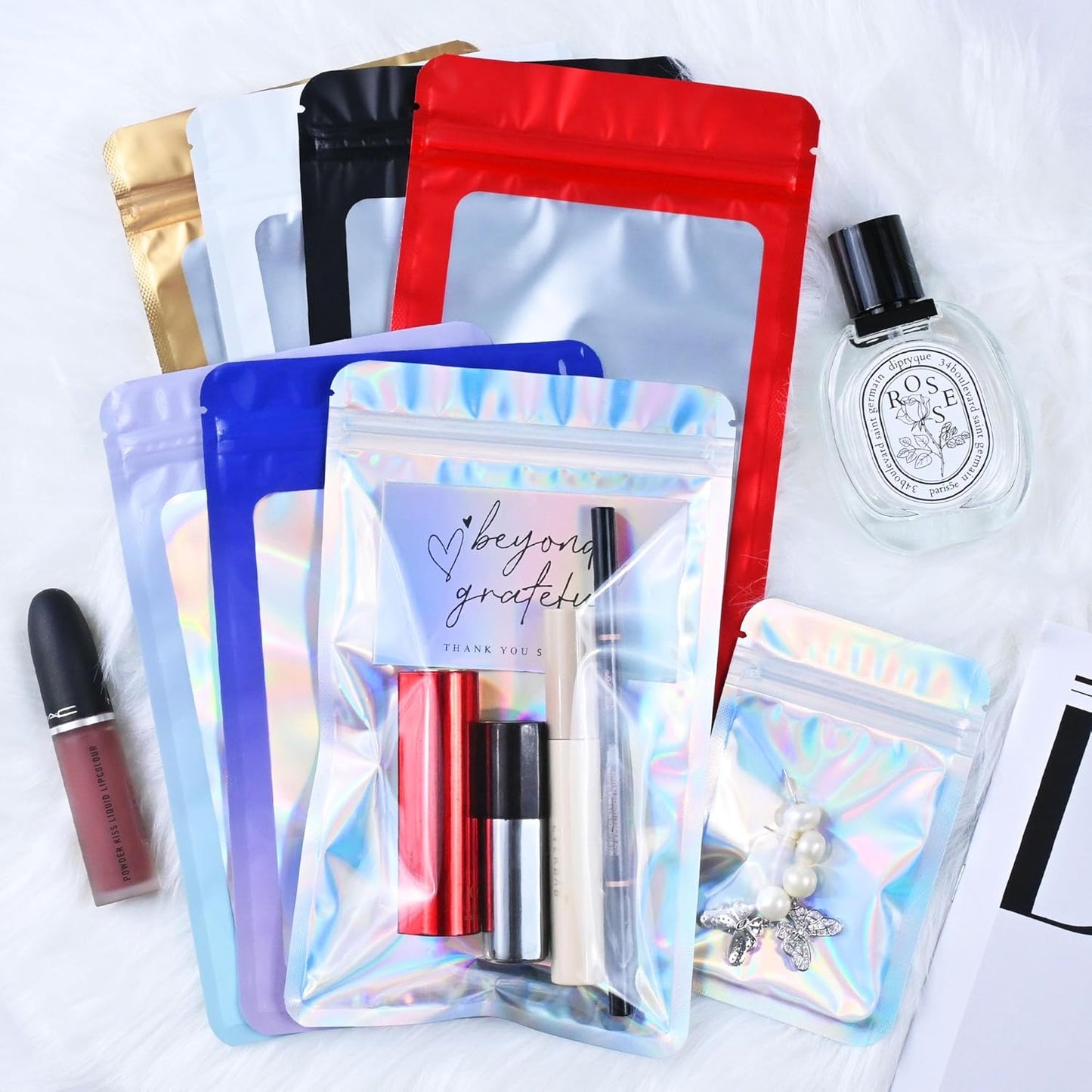 Resealable Mylar Pouch Bag Great for Office Home Party Favor Food Storage (100PCS, Holographic Color, 3.5 x 6.3 inch)
