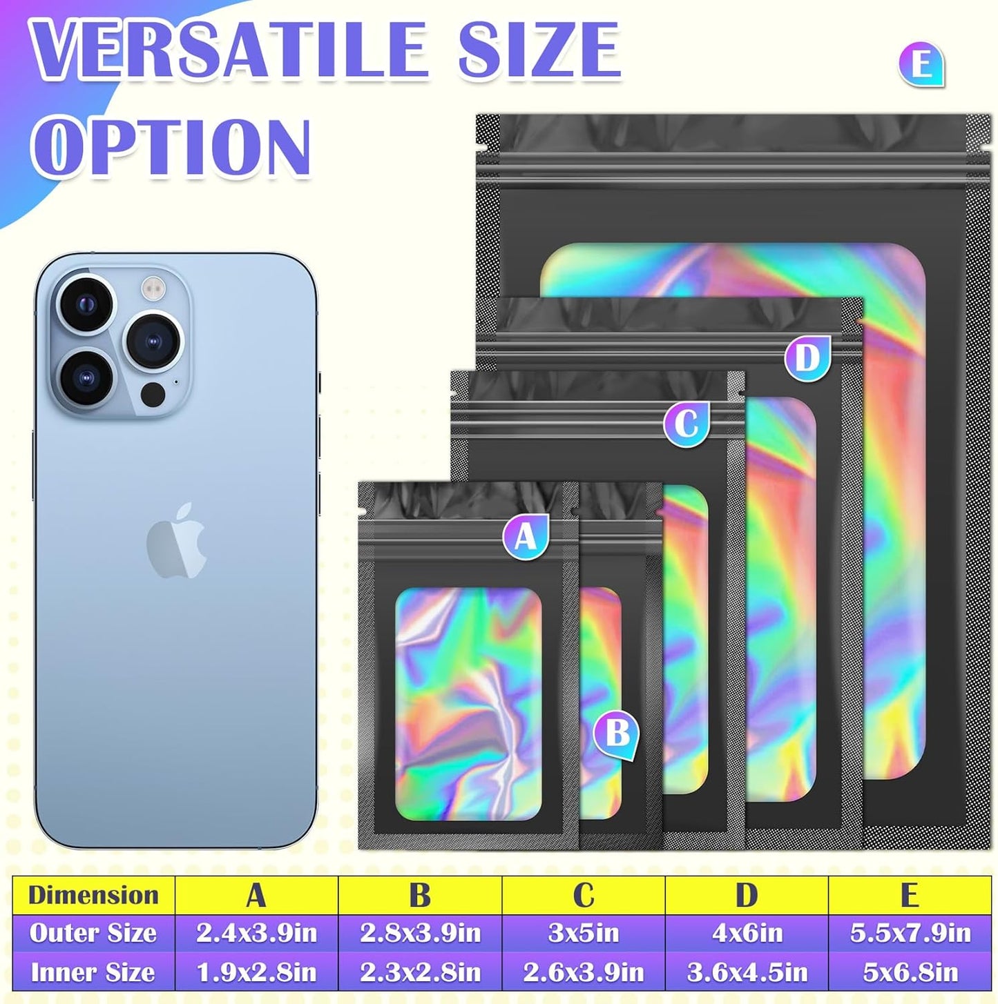 300 Pcs Mylar Bags, Smell Proof Bags Foil Pouch, Holographic Resealable Bags for Small Business, Candy Sample Jewelry Bag Sealable Packaging for Party Favor Food Storage (2.4x3.9in-Black)