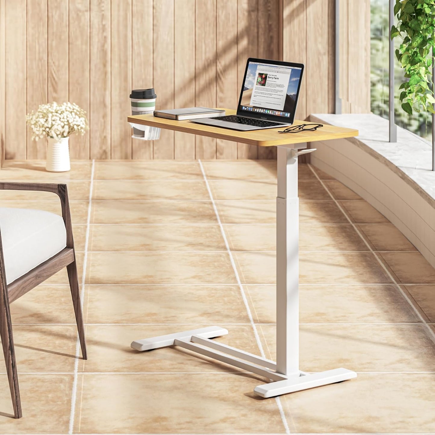 SANODESK Medical Adjustable Overbed Bedside Table with Casters 90° Tilt Top Pneumatic Mobile Rolling Laptop Computer Standing Desk Cart with Tray, Hospital and Home Use(27.6" W x 15.7" D, Maple)