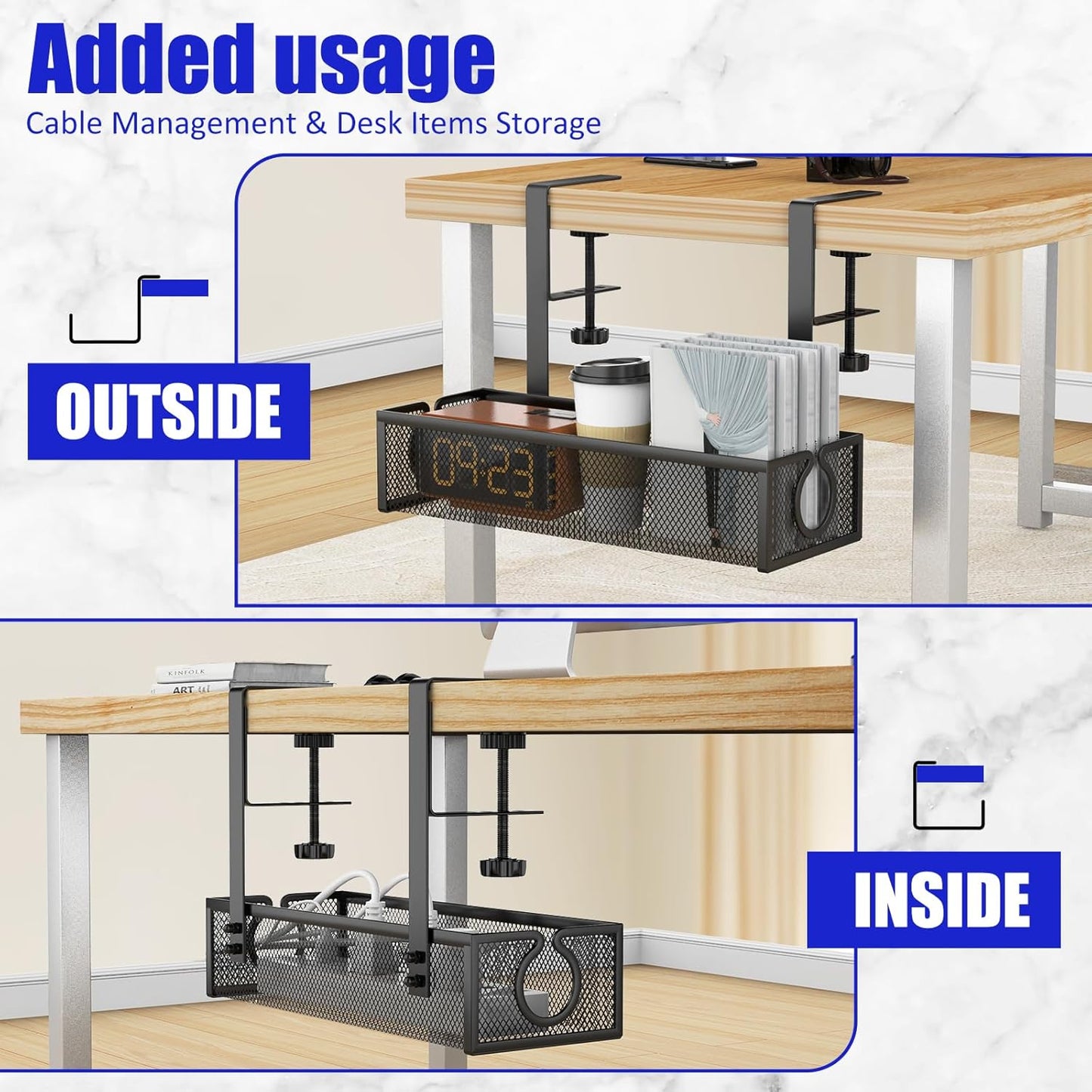REFLYING Under Desk Cable Management Tray, Metal Long Arms(3.9in), No Drill Mesh Desk Cable Tray, Wire Management Tray Cable Management Box for Office, Desk Cable Tray Wire Organizer, 1 Pack, Black