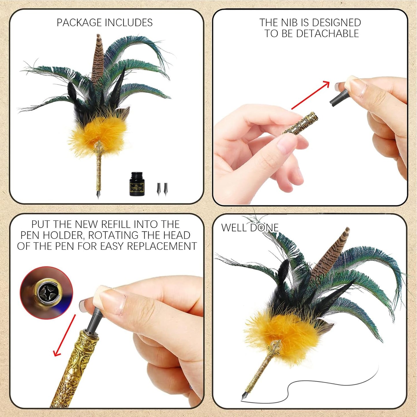 CROWN GUIDE Luxury Feather Pen with Black Ink Set - 13.8" Peacock Fancy Quill Fountain Pen for Writing Calligraphy, Wedding Nikkah Pen for Guest Book Journaling Gift, Gold