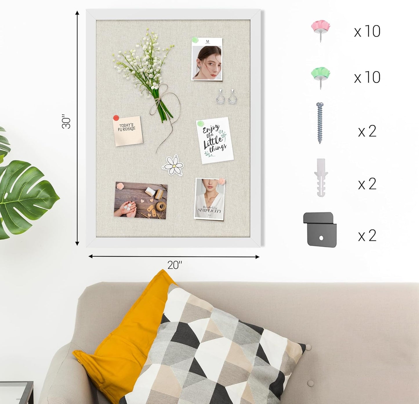 Board2by White Cork Board Bulletin Board with Linen, Wood Framed 30" x 20" Corkboard, Office Board for Wall Decor, Wall Mounted Pin Board Picture Board with 20 Pushpins for School, Home & Office