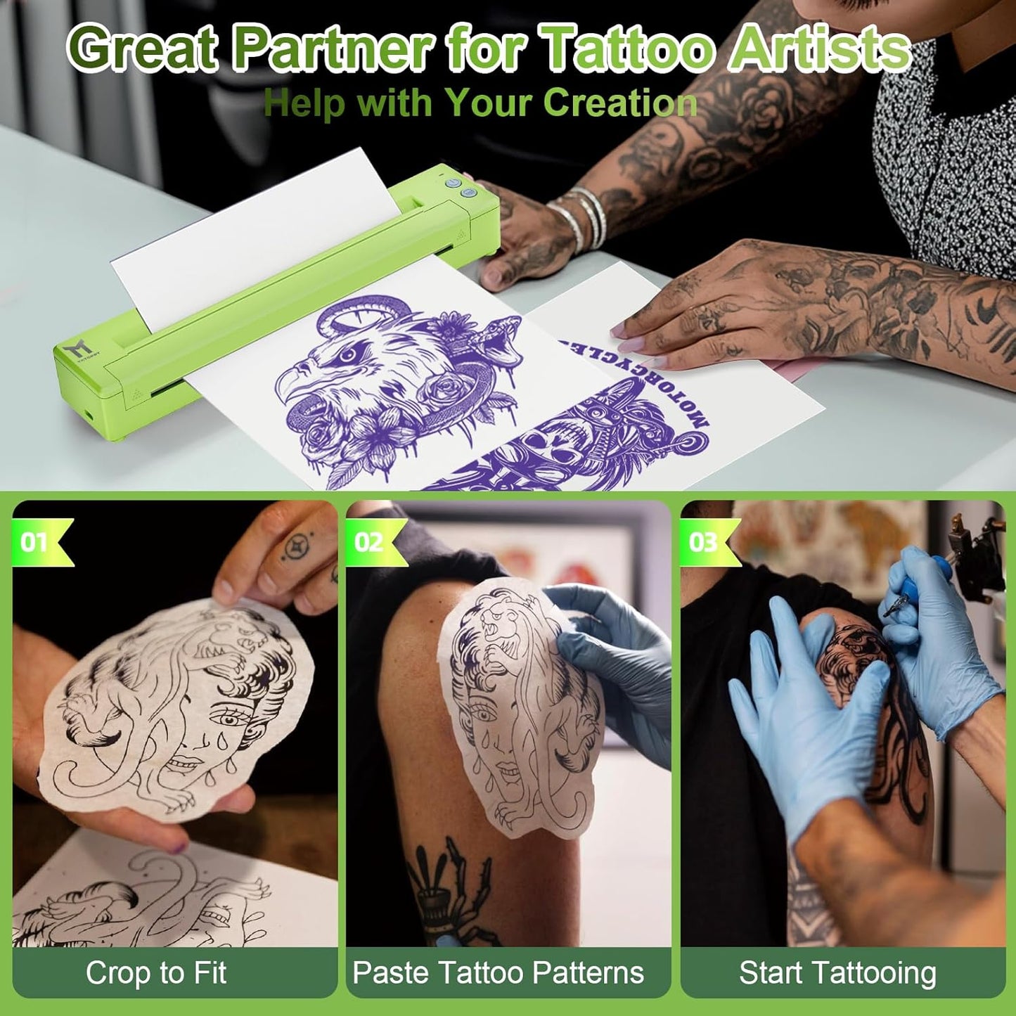 Tattoo Stencil Printer, P19 Wireless Thermal Temporary Tattoo Transfer Printer for Tattooing, 2500mAh Portable Tattoo Machine Kit Compatible with Phone/Tablet/PC, Green
