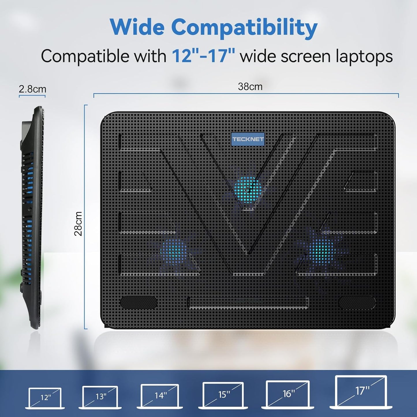 TECKNET Laptop Cooling Pad, Portable Slim Quiet USB Powered Laptop Notebook Cooler Cooling Pad Stand Chill Mat with 3 Blue LED Fans, Fits 12-17 Inches (Black)