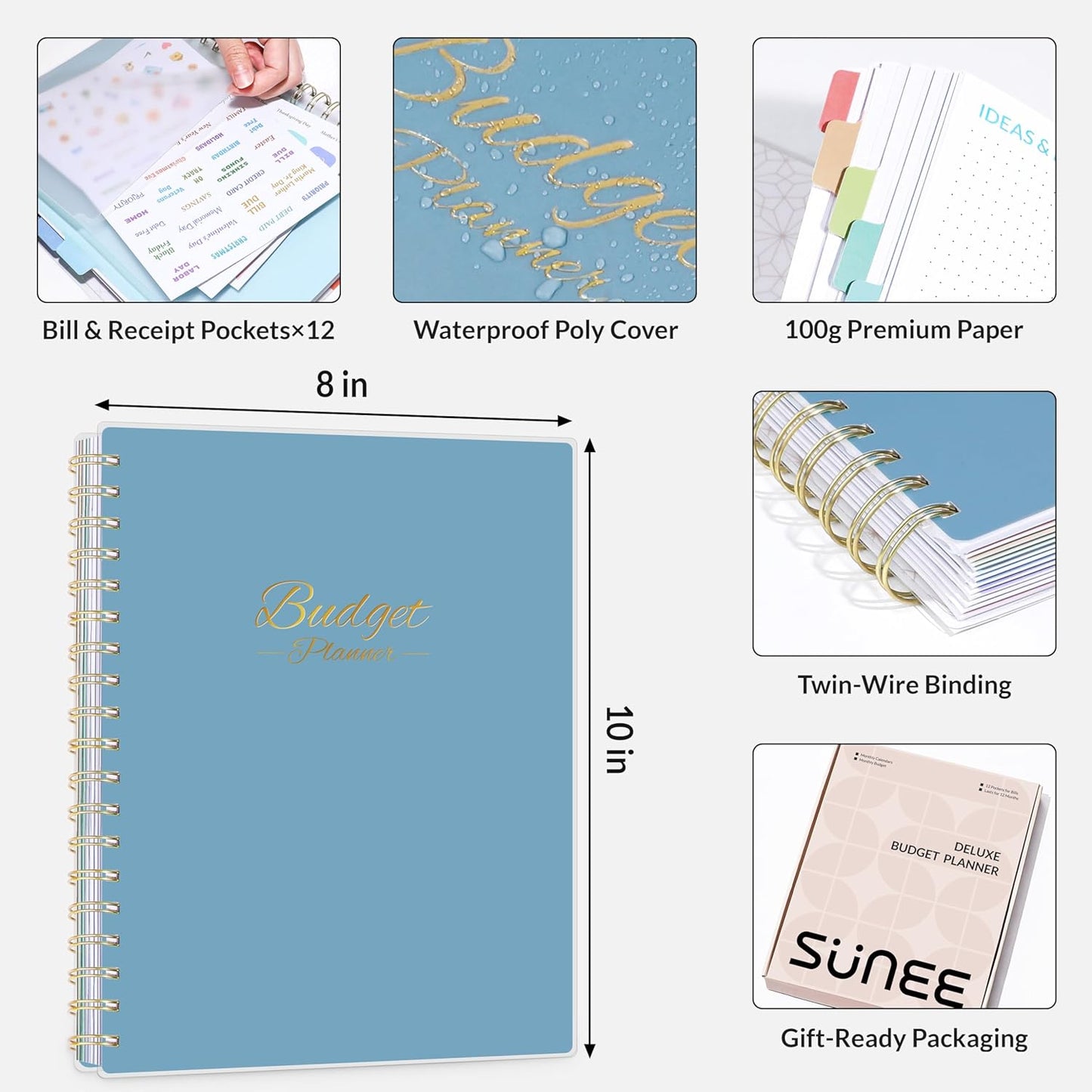 SUNEE Budget Planner - Deluxe Monthly Budget Book with 12-Pockets for Bill Organizer, Undated 12 Month Expense Tracker Notebook & Account Book B5 Size (8" x 10") to Manage Your Finance Planner, Blue