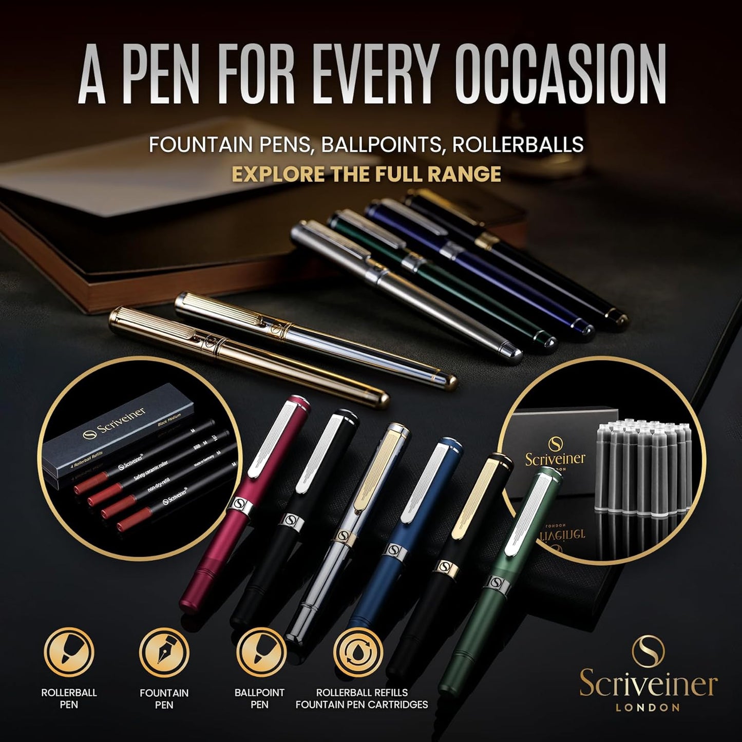 Scriveiner Midnight Blue Rollerball Pen - Stunning Blue Lacquer Luxury Pen, Chrome Finish, Schmidt Ink Refills, Men & Women, Professional, Executive Office, Nice Pen