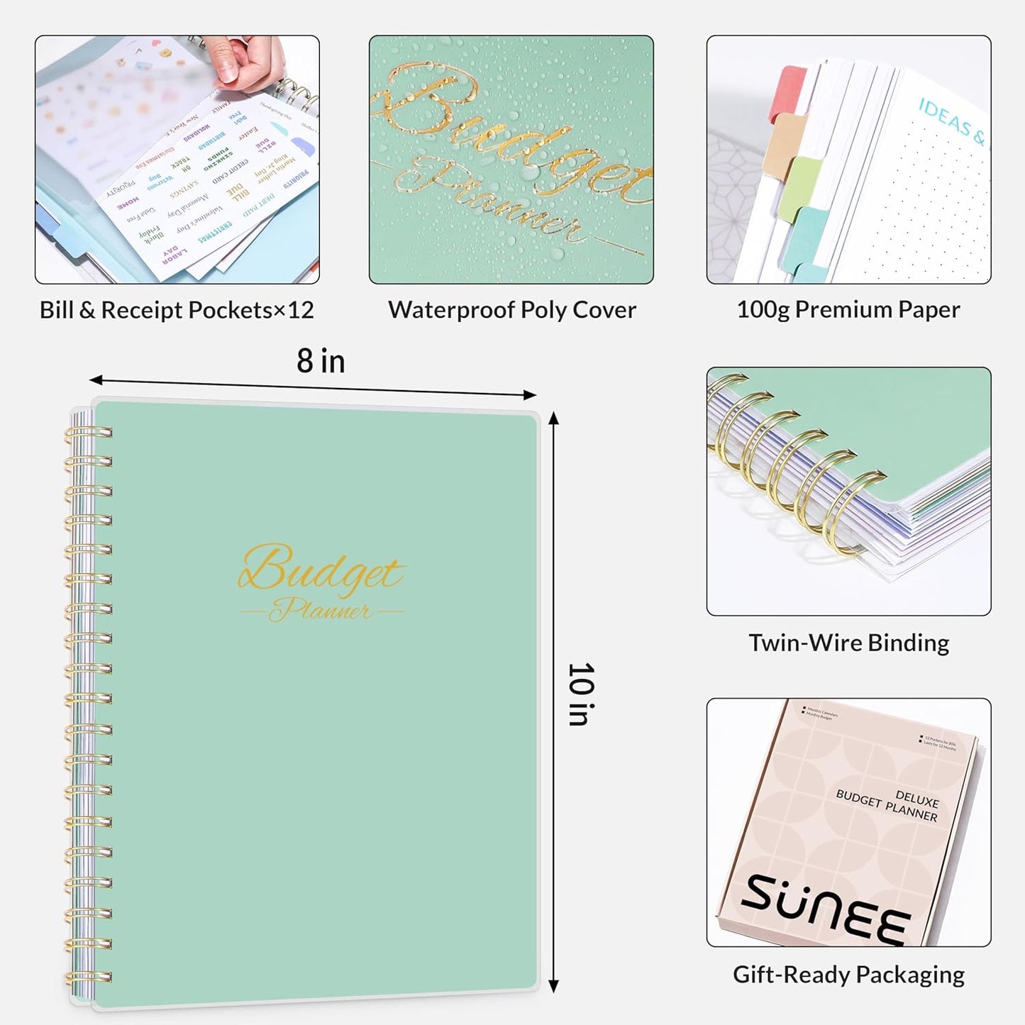 SUNEE Budget Planner - Deluxe Monthly Budget Book with 12-Pockets for Bill Organizer, Undated 12 Month Expense Tracker Notebook & Account Book B5 Size (8" x 10") to Manage Your Finance Planner, Green